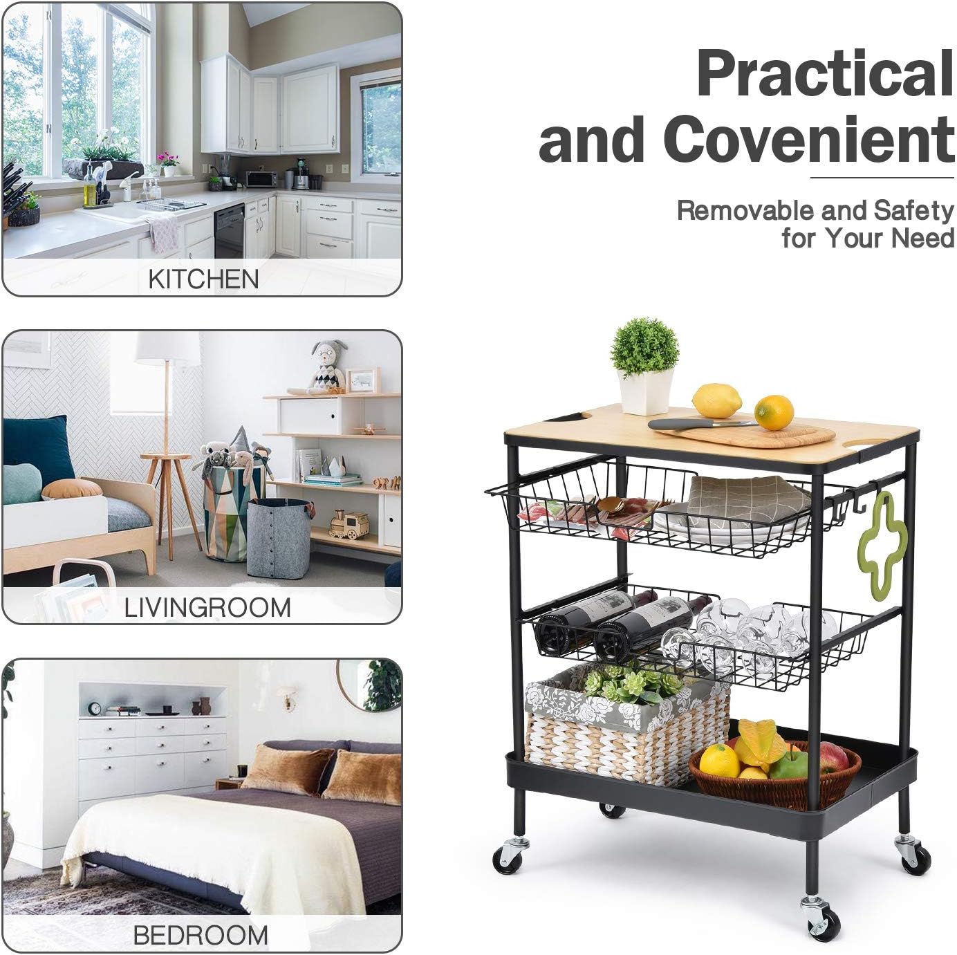 TOOLF Kitchen Island Serving Cart with Utility Wood Tabletop, 4-Tier Rolling Storage Cart with 2 Basket Drawers, Universal Lockable Casters for Home, Dining Room, Office, Restaurant, Hotel : Home & Kitchen