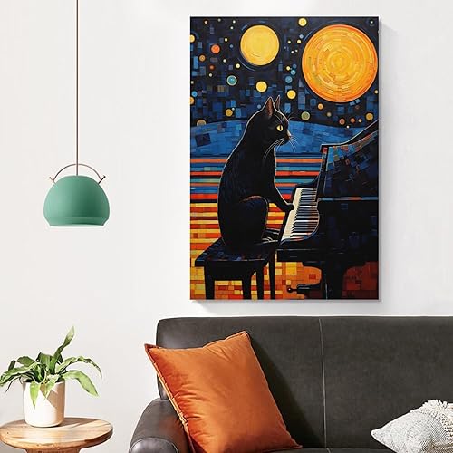 Miniatura 4 de Arte de pared, póster de ilustración de gato negro tocando el piano, decoración de interiores, impresiones de regalo, póster en lienzo, póster