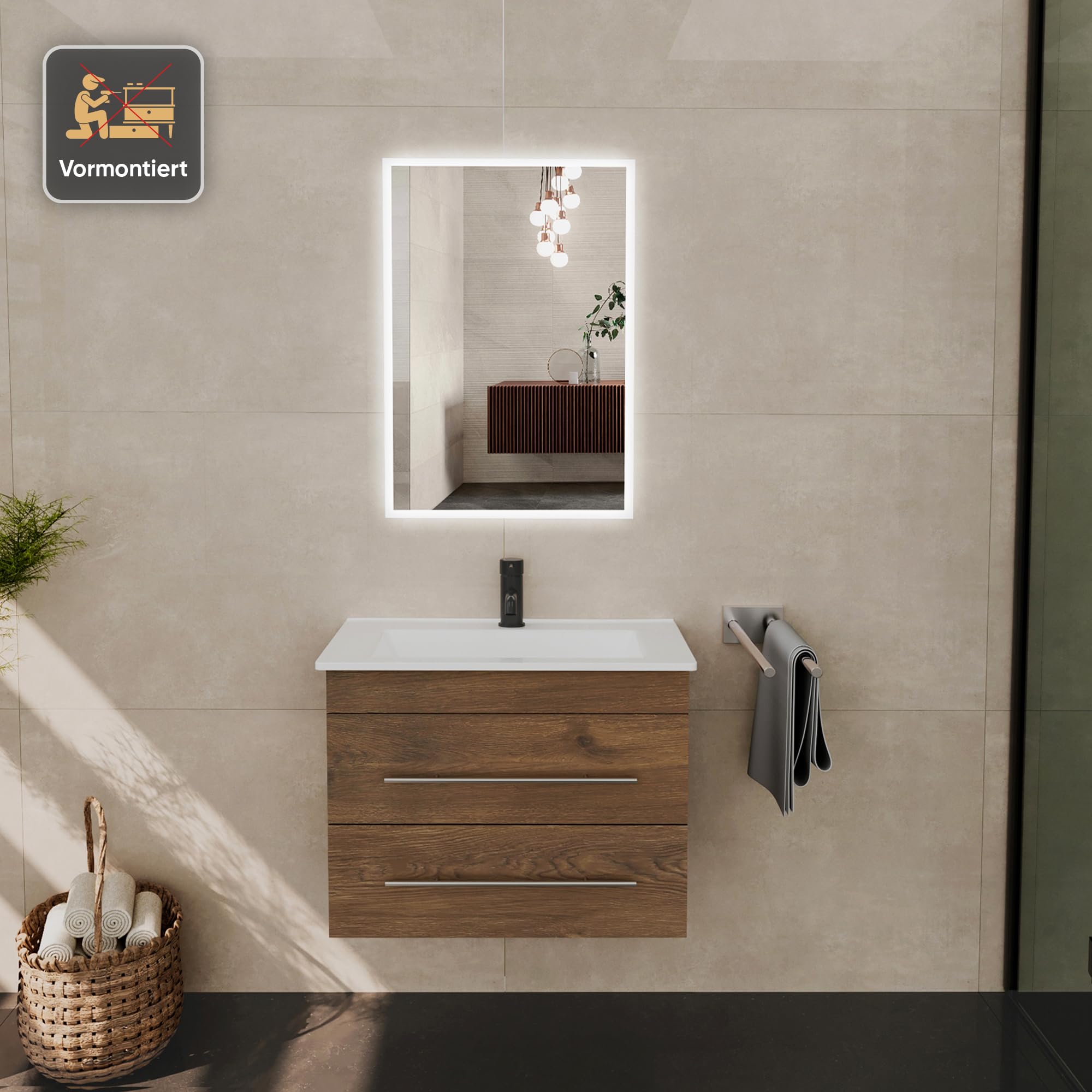 Alpenberger Badmöbel Set mit Waschbecken | Badschrank mit 2 Schubladen | Hängeschrank Bad | Waschtisch mit Unterschrank | Badezimmer Möbel | Waschbeckenunterschrank Eiche 60 cm