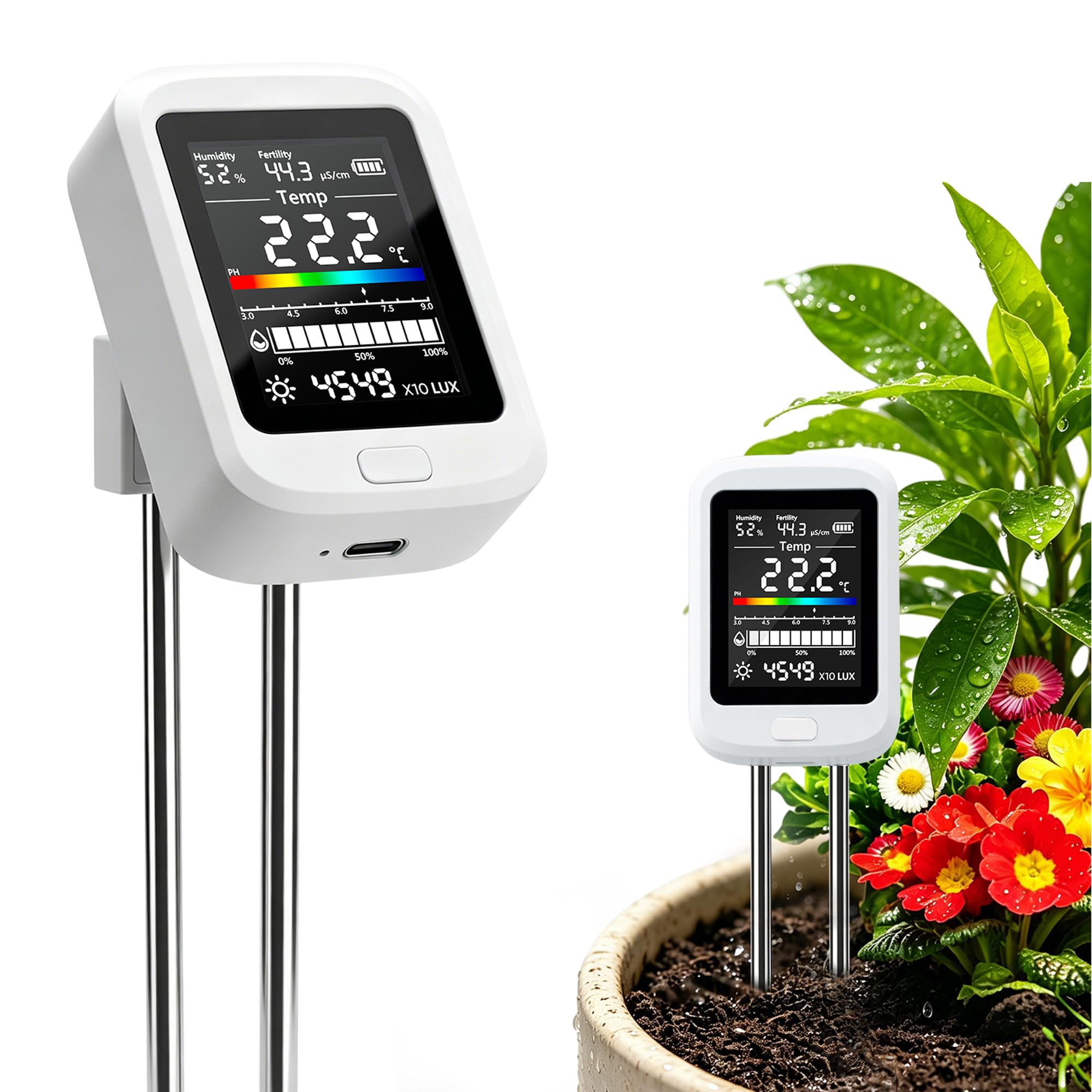 Mcbazel 6-in-1 Soil Meter, Digital Soil Tester for pH, Moisture, Fertility, Temperature, Sunlight, and Ambient Humidity