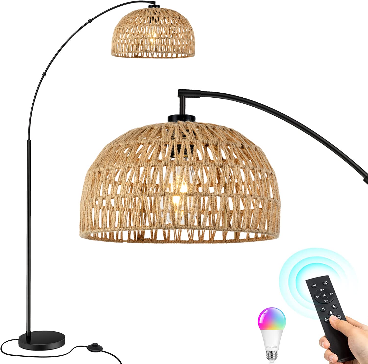 QIYIZM ARC Floor Lamp Rattan for Living Room Bedroom with Remote RGB