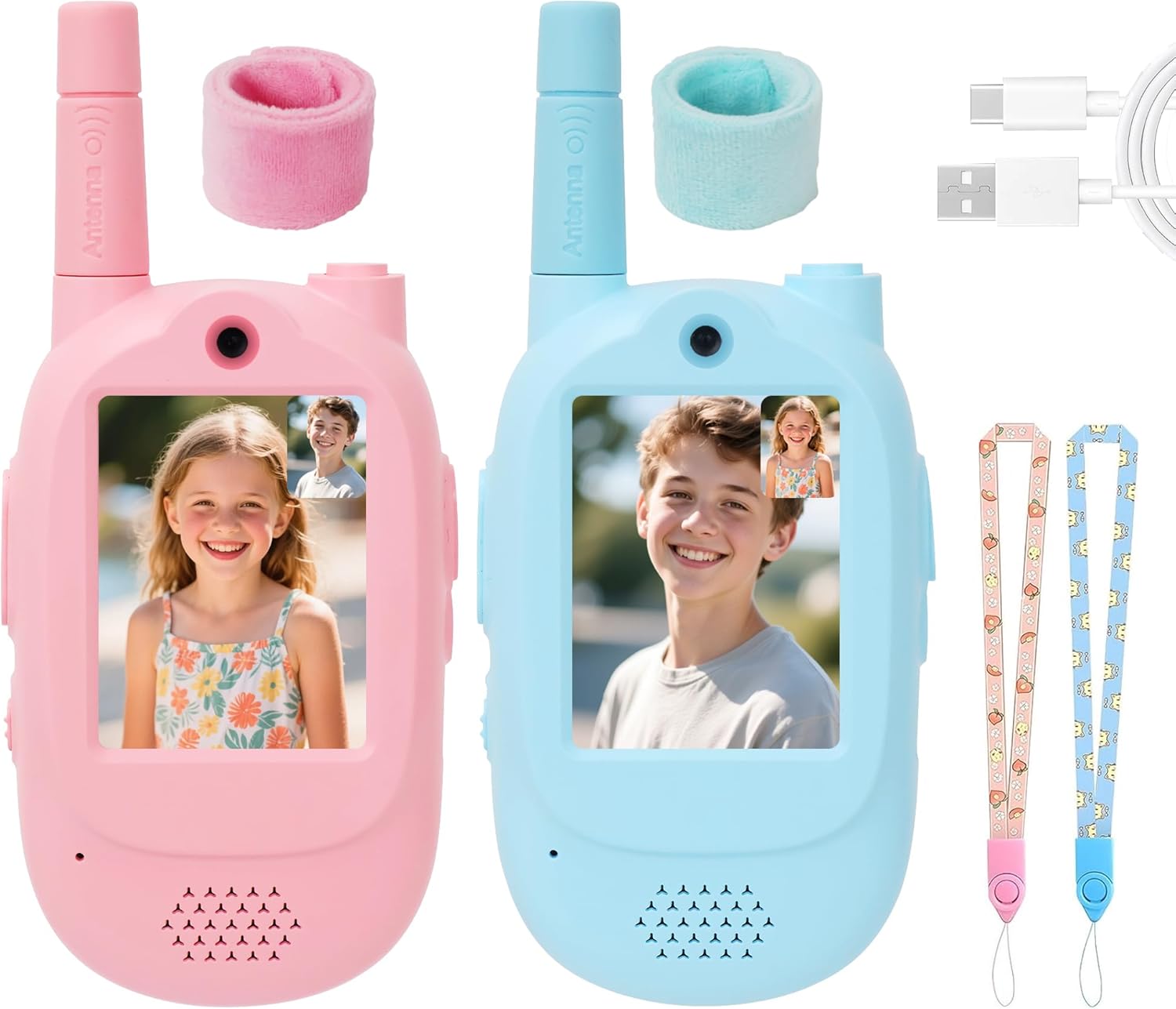 Video Walkie Talkies for Kids, Blue/Pink 2 Pack 1000 mAh Rechargeable Long Range Video walkie talkies, 3 Wearing Options Indoor Outdoor Toys for Family Games, Outside, Gifts for Boys Girls Ages 3-12
