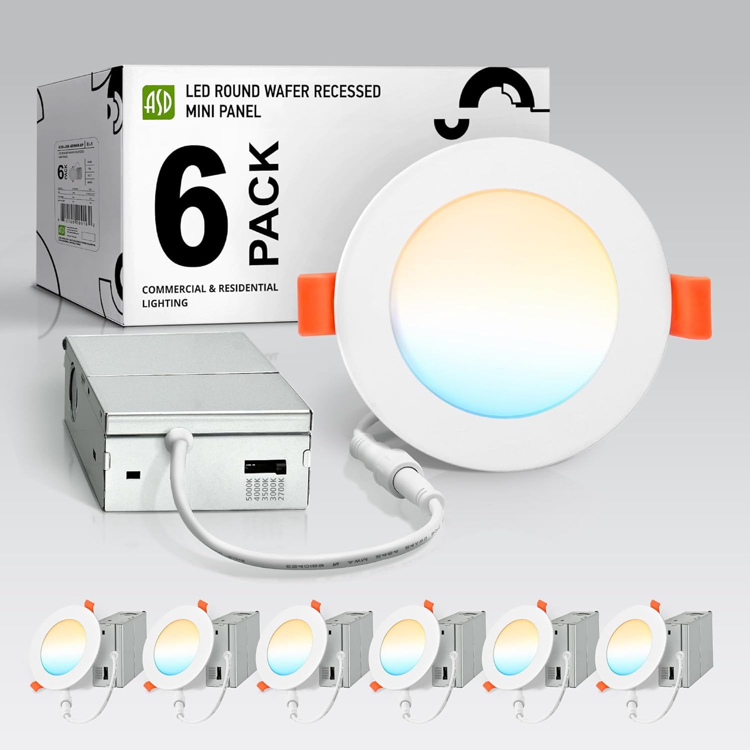 ASD 6 Pack LED Recessed Lighting 4 Inch 12W, 5 CCT 2700K-5000K CRI90+, IC Rated Ultra Thin Dimmable Ceiling Lights with J Box, Canless Wafer Downlight, Round Slim Panel Light, Energy Star ETL, White