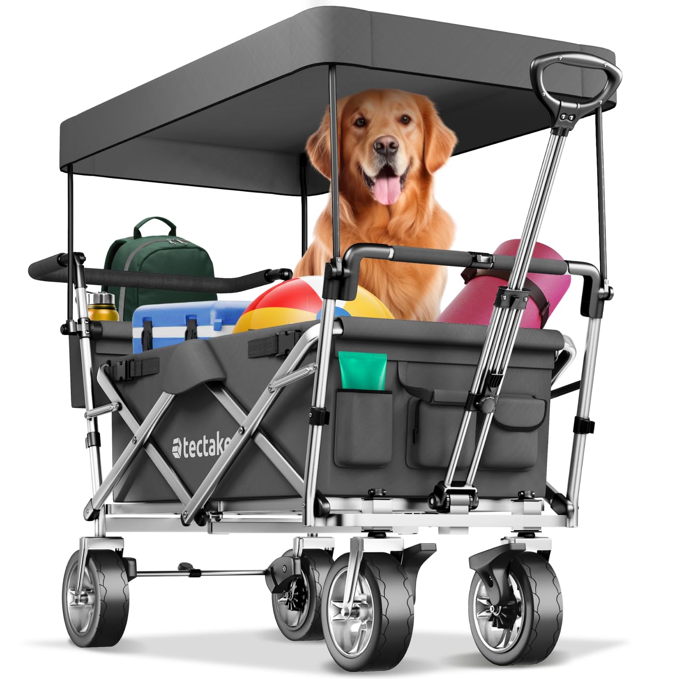 tectake® Carro Plegable para Jardín, Carro Transporte con Techo Desmontable, Carrito Playa con Asa Telescópica, Carretilla Jardín con Bolsa Trasera, Carro Camping Multiuso, Capacidad 80 kg - gris