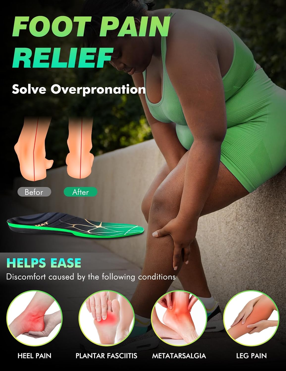 Plantar Fasciitis High Arch Support Insoles for Men Women, Arch Support Inserts for Men, Work Boot Shoe Inserts for Women-Orthotic Insert for Flat Feet, Absorb Shock(L-Green) 220+ lbs - Image 3
