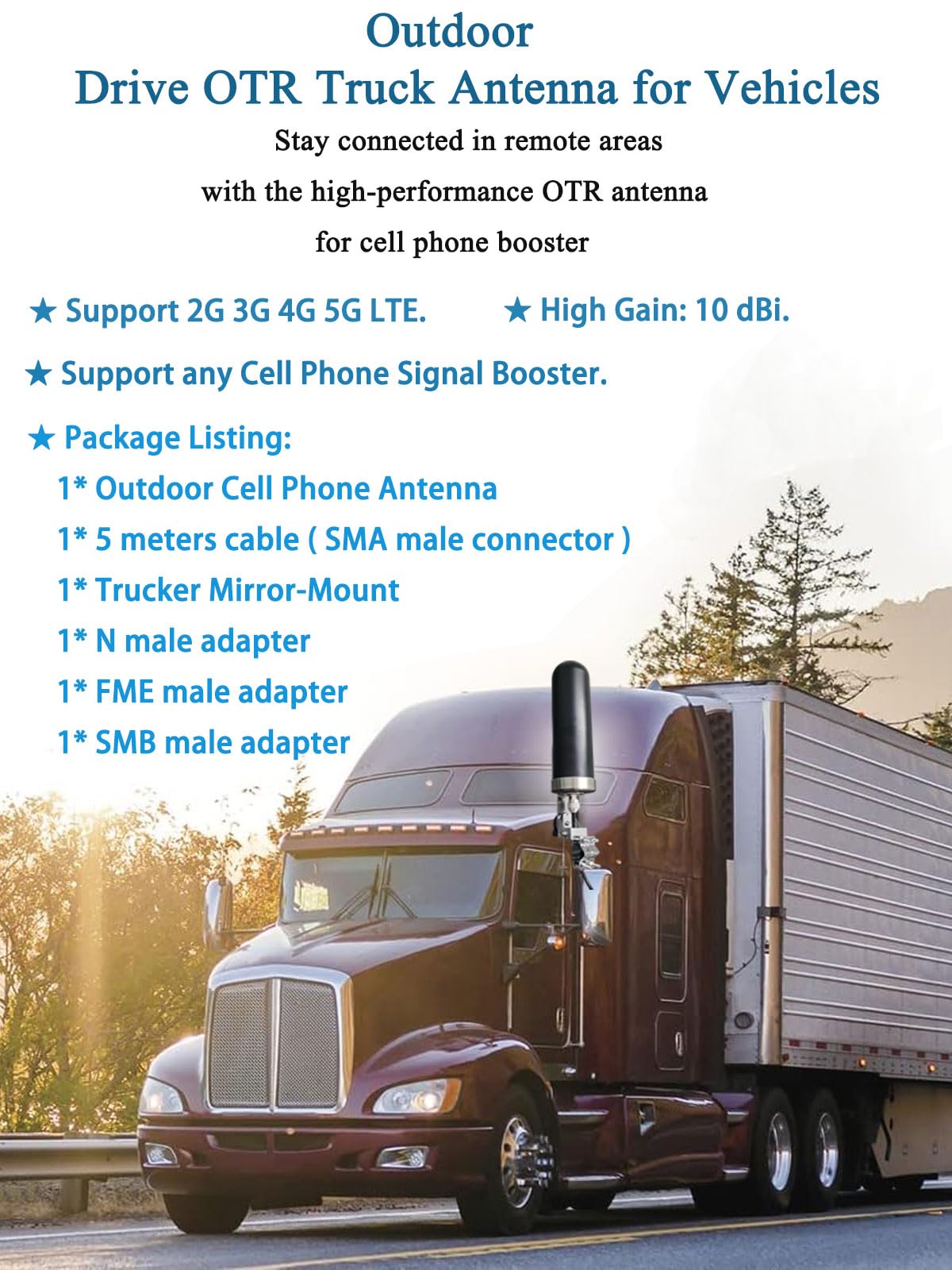 Outdoor Drive OTR Truck Antenna for Vehicle Cell Phone Booster, 4G 5G Omni Directional Cellular Antenna/with Trucker Mirror-Mount for Vehicle, Trailers, RVs