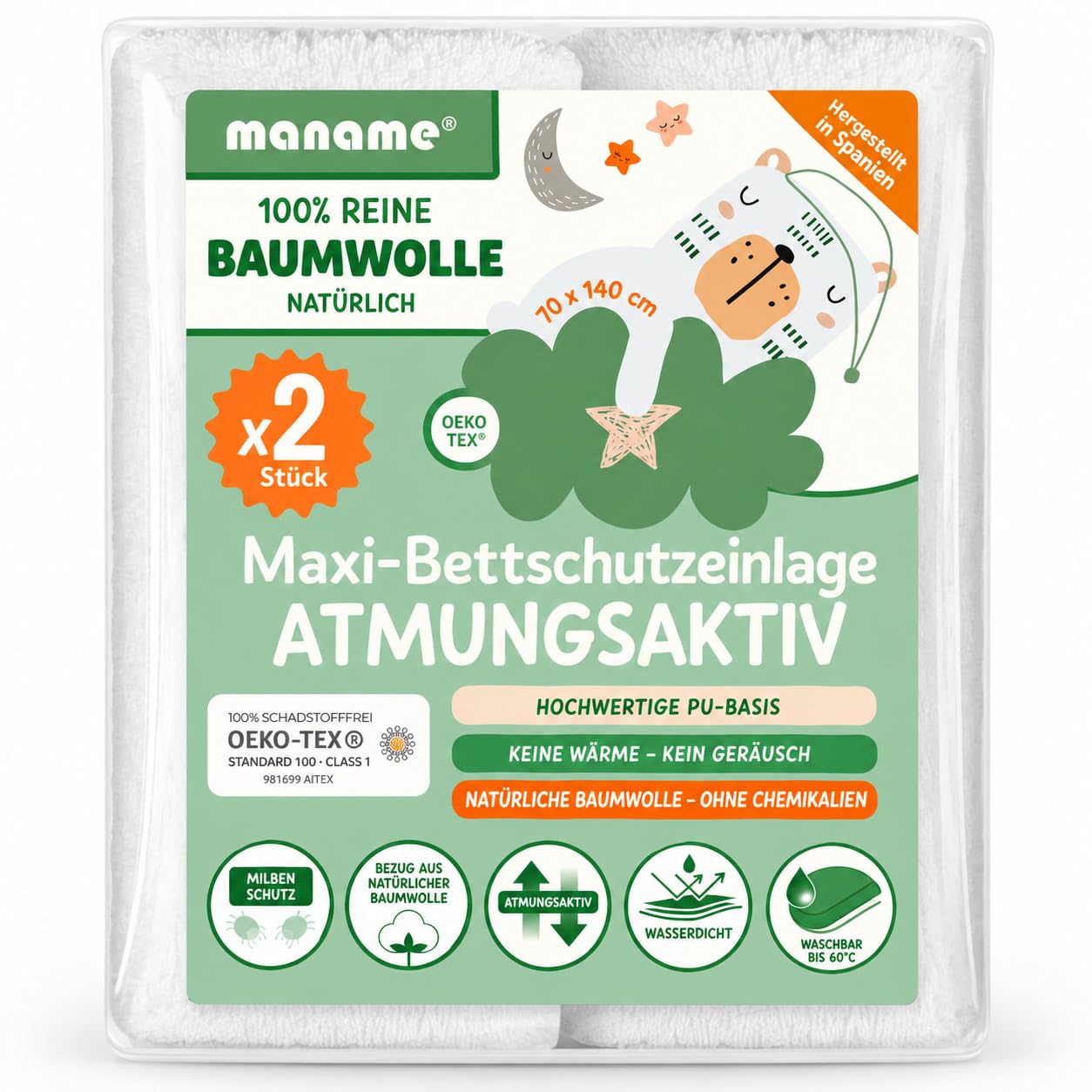 Maname 2 Matratzenschoner 70x140 cm Baby Wasserdicht – Matratzenschutz Babybett & Kinderbett – 100% Baumwolle – Atmungsaktiv – Oeko-TEX & BI-OME®
