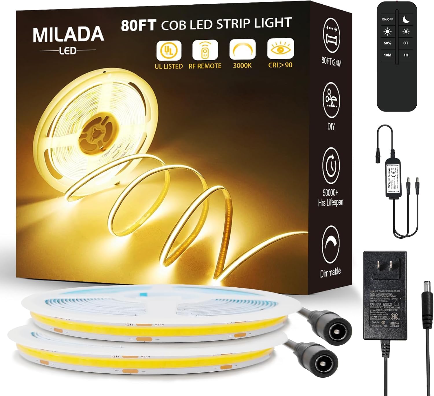 COB LED Streifen 24M Warmweiß 3000K Dimmbar 24V mit Fernbedienung | CRI92 COB Lichtband ohne Lichtpunkte, ideal für Küche, Schlafzimmer, Wohnzimmer, Schrank, Regal und Spiegel