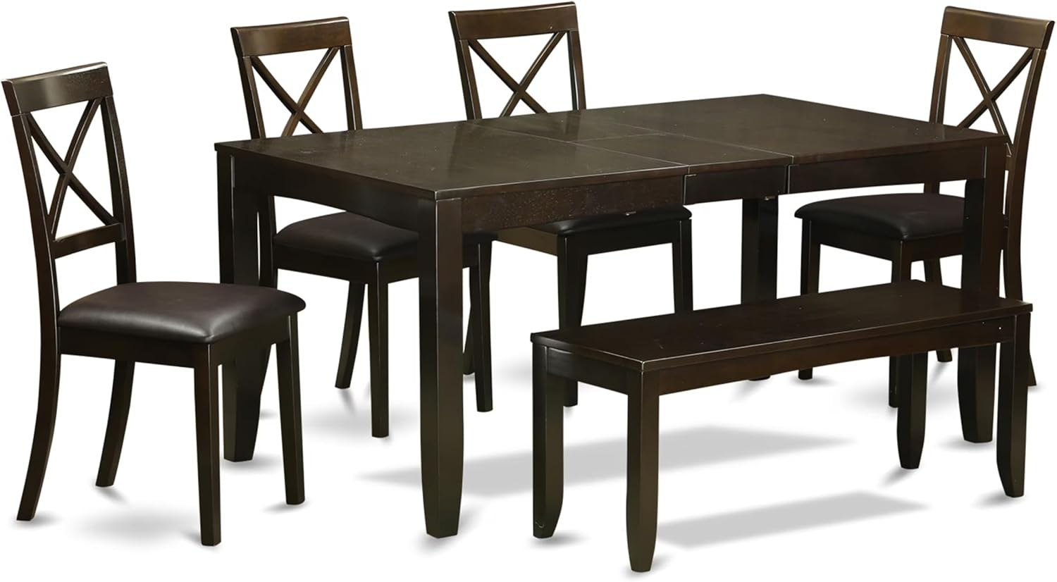 East West Furniture LYBO6-CAP-LC 6 Piece Dinette Set Contains a Rectangle Dining Room Table with Butterfly Leaf and 4 Faux Leather Dining Chairs with a Bench, 36x66 Inch, Cappuccino