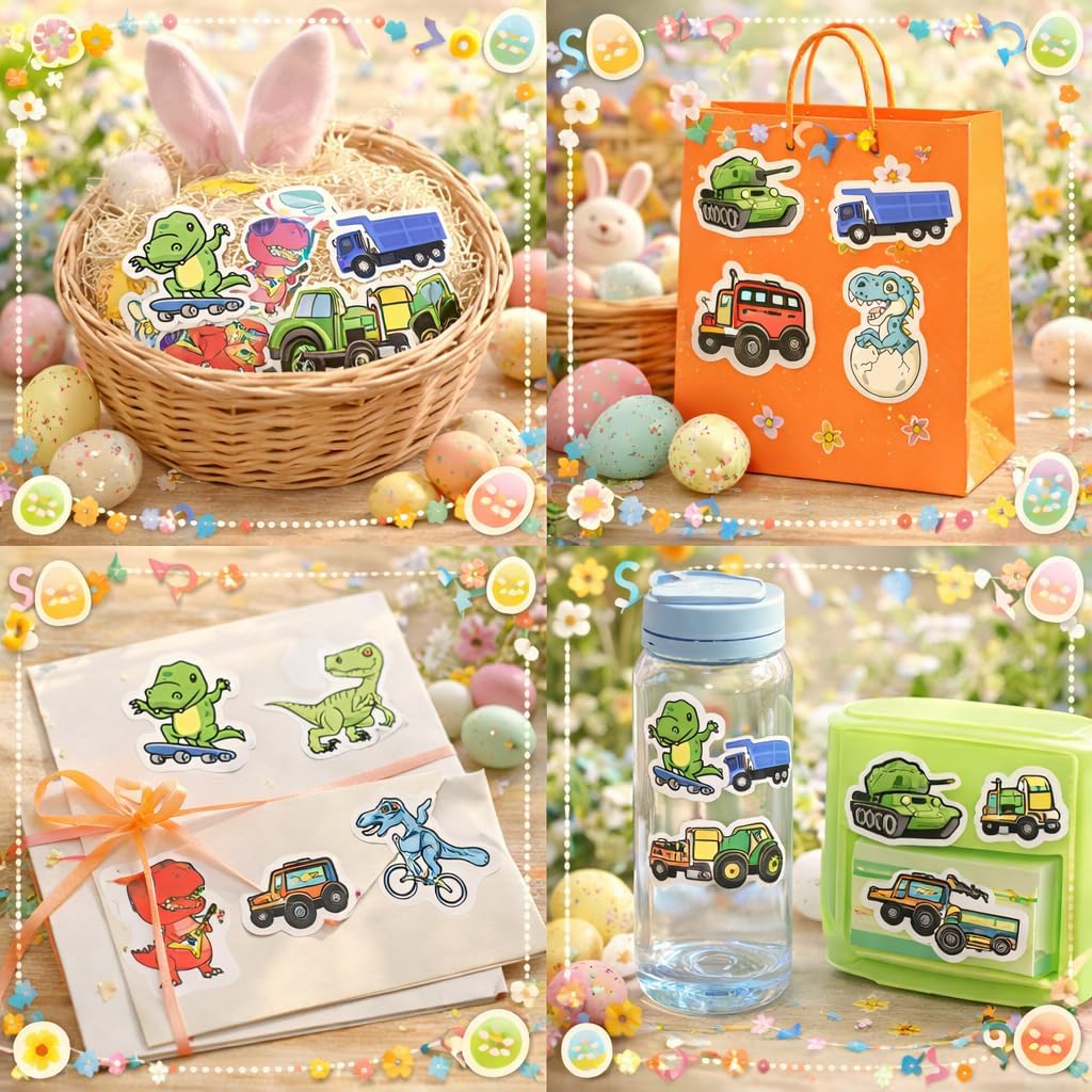 100 Pcs Dinosaur Vehicle Stickers for Kids Boys Water Bottles Laptops Scrapbook Decoration Party Favors Classroom Rewards Cartoon T Rex Construction Truck Waterproof Vinyl Decals