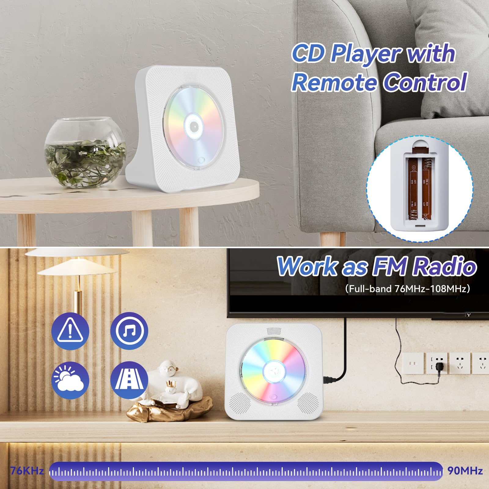Qoosea Lettore DVD CD per TV con Bluetooth HDMI e Lettore DVD CD Desktop senza limiti di Regione con Altoparlanti Display Sveglia Radio FM Riproduzione USB Card Telecomando e Cavo HDMI(bianco)