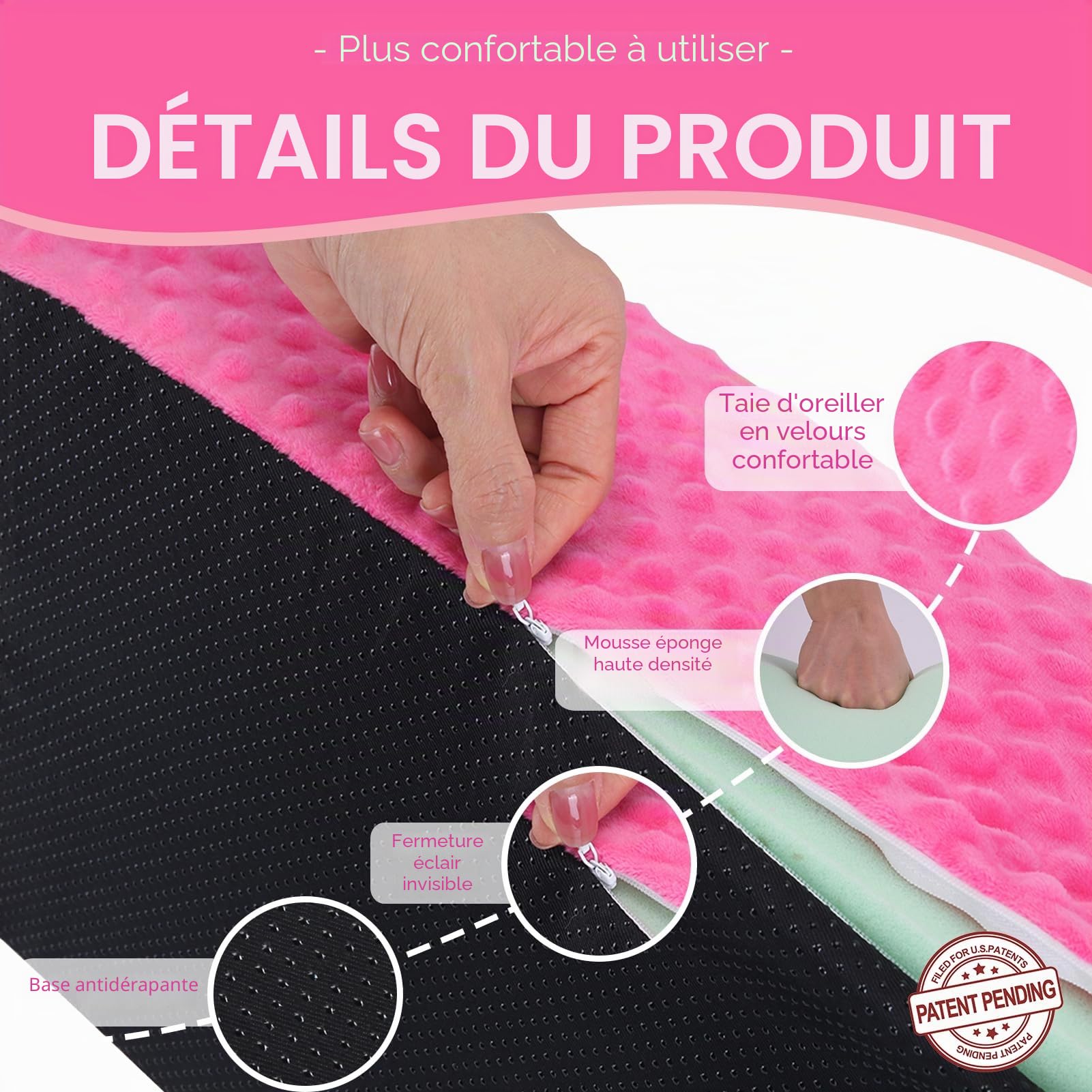 Oreiller cale pour dormir sur le côté, oreiller cale en mousse pour positionnement du corps | Coussin latéral pour dormir - Antidérapant - Positionnement du dos - Pour soulager les douleurs au lit (rose)