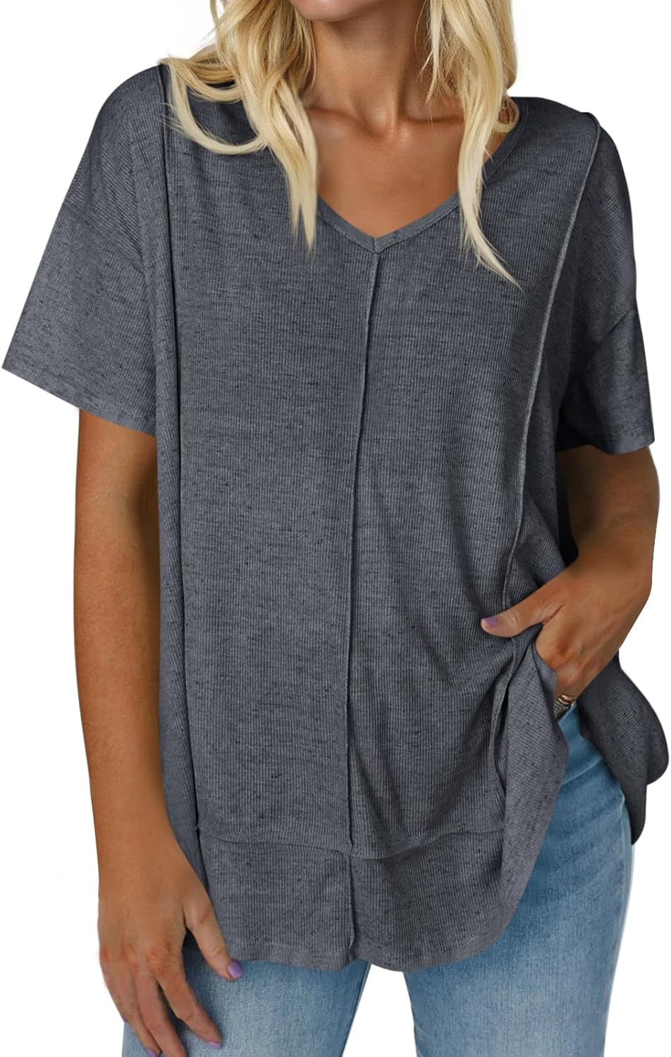 Tankaneo Womens Oversized Tshirts Knit V Neck Short Sleeve Tunic Tops Summer Casual Loose Fit Tee Shirts