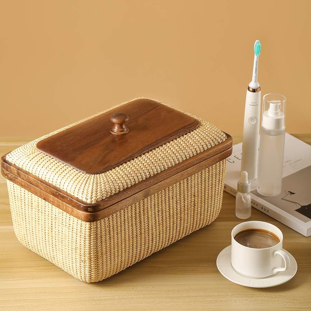 Cane-on-cane weave Storage Basket Box with Lid Multifunctional Storage Organiser Storage Basket Organizer Baskets Rectangular Boxes Woven