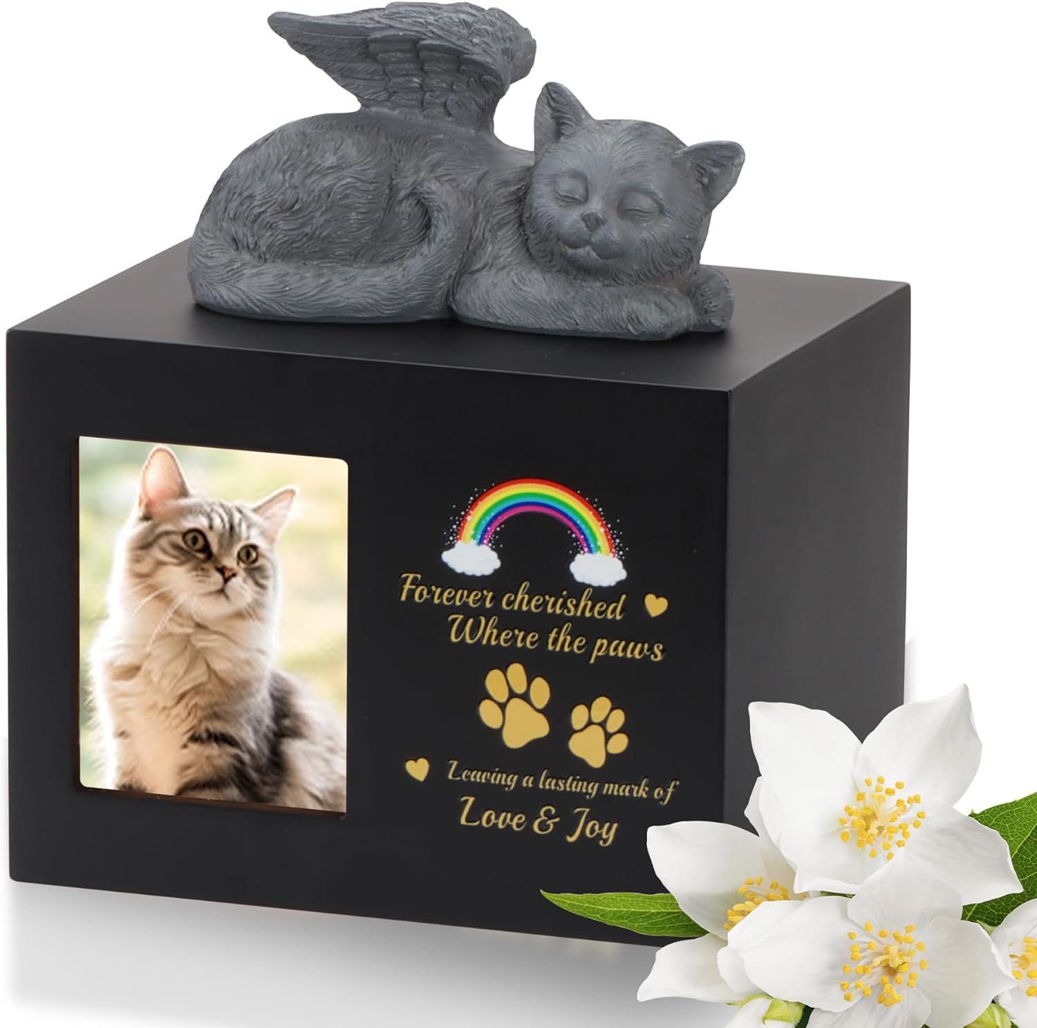 Cat Urns for Ashes, Rainbow Bridge Pattern Black Wooden Keepsake with Photo Frame, Pet Memory Box with Resin Cats Angel Statue and Sealed Storage Bags (Up to 10kg)