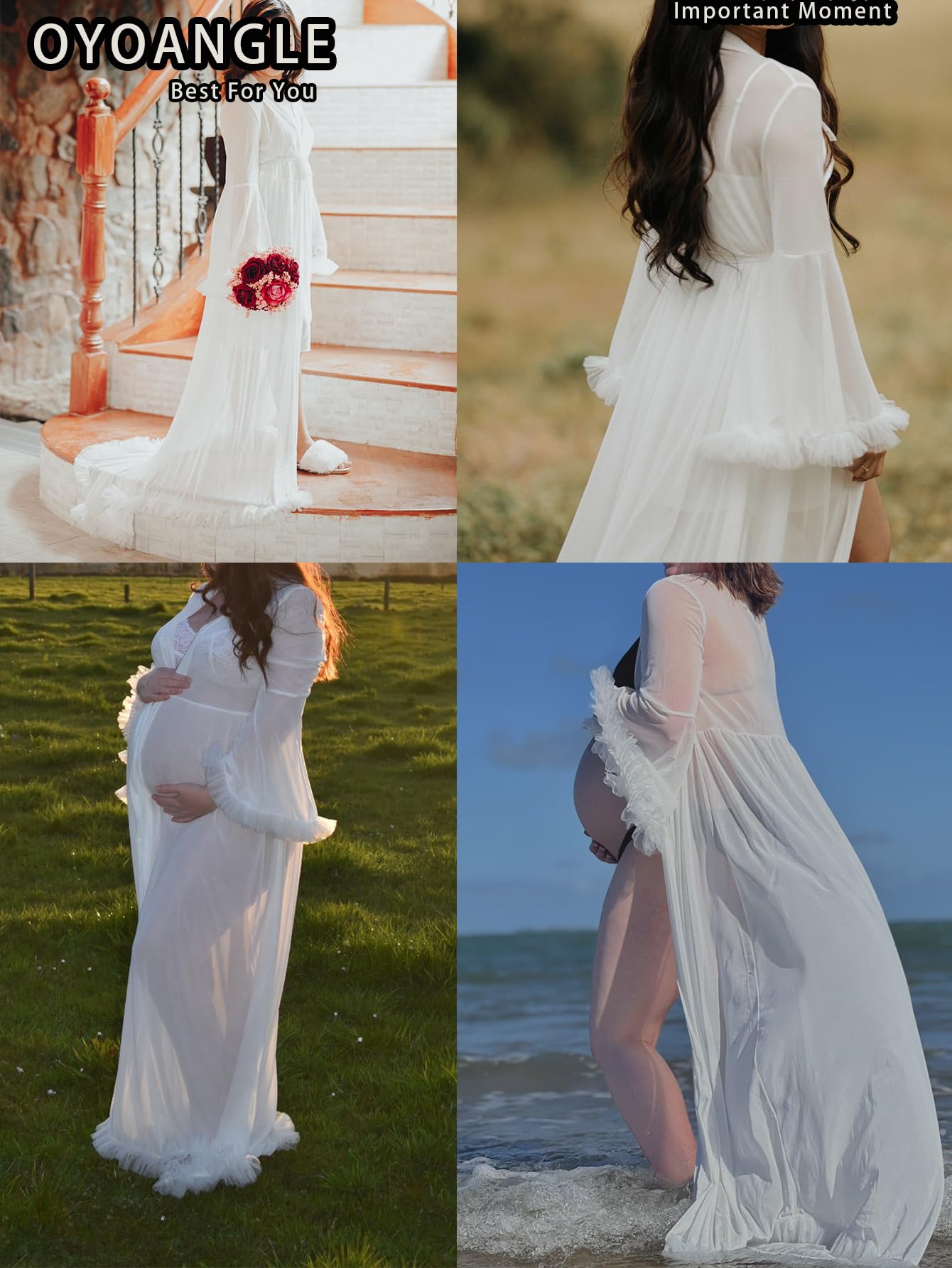 OYOANGLE Women's Ruffle Trim Long Sleeve Belted Sheer Mesh Wedding Bride Robe Nightgown: Medium White