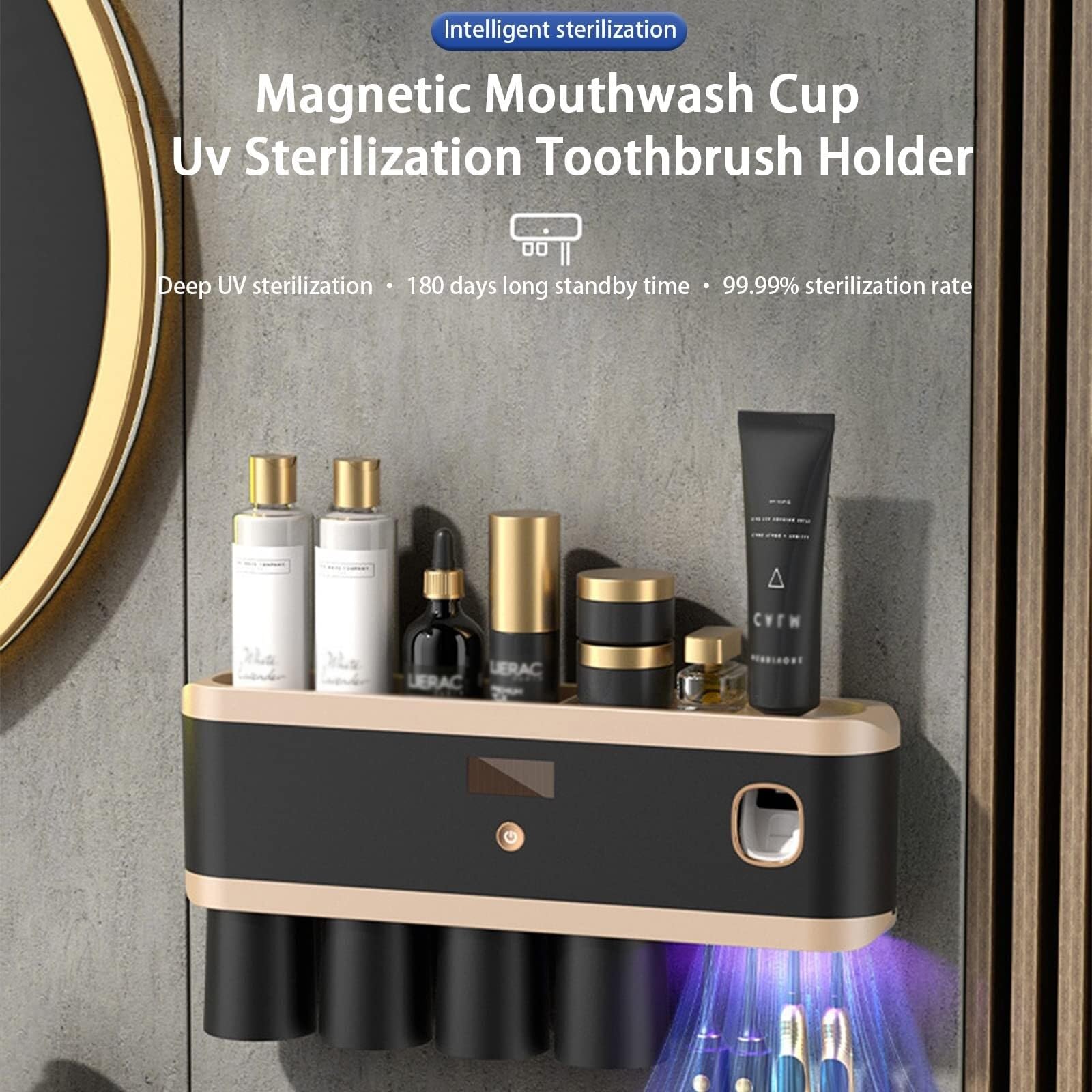 Soporte para cepillo de dientes eléctrico con esterilizador UV, dispensador automático de pasta de dientes recargable, ideal para ducha y baño, montado en la pared, negro, 4 tazas, protege y