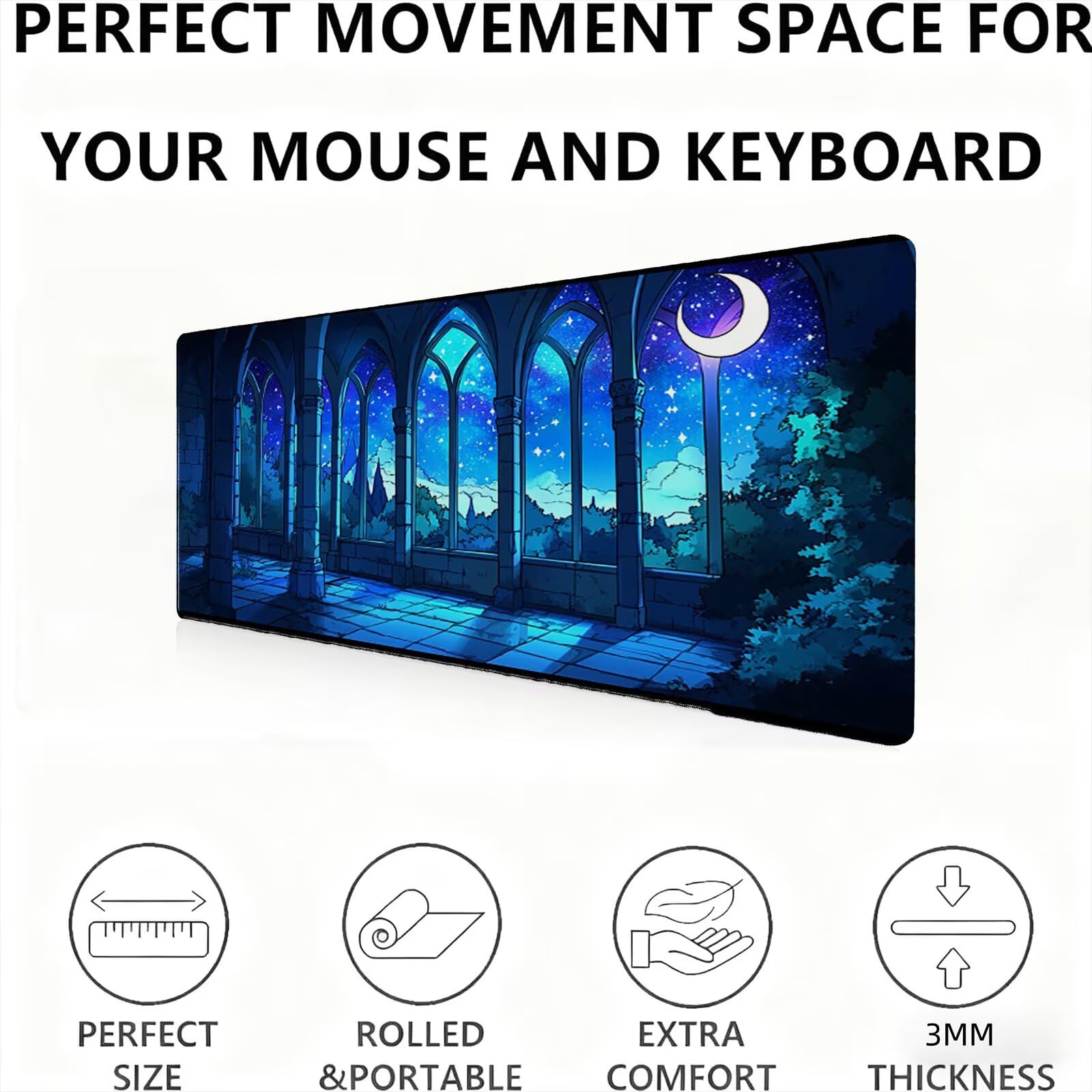 Podkładka pod mysz Księżyc/Krajobraz XXL 1500 x 800 mm Duża podkładka pod mysz Przyszyte krawędzie Wodoodporna Antypoślizgowa Duże Rozszerzone akcesorium na biurko do PC, przenośny poprawia dokładność