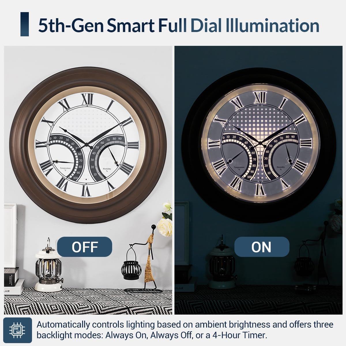 ANDY STAR 24 Inch Outdoor Clocks Waterproof,Large Outdoor Wall Clocks for Patio with Thermometer Combo, Silent Weatherproof Illuminated Metal Clock Battery Operated with Thermometer&Hygrometer, Bronze