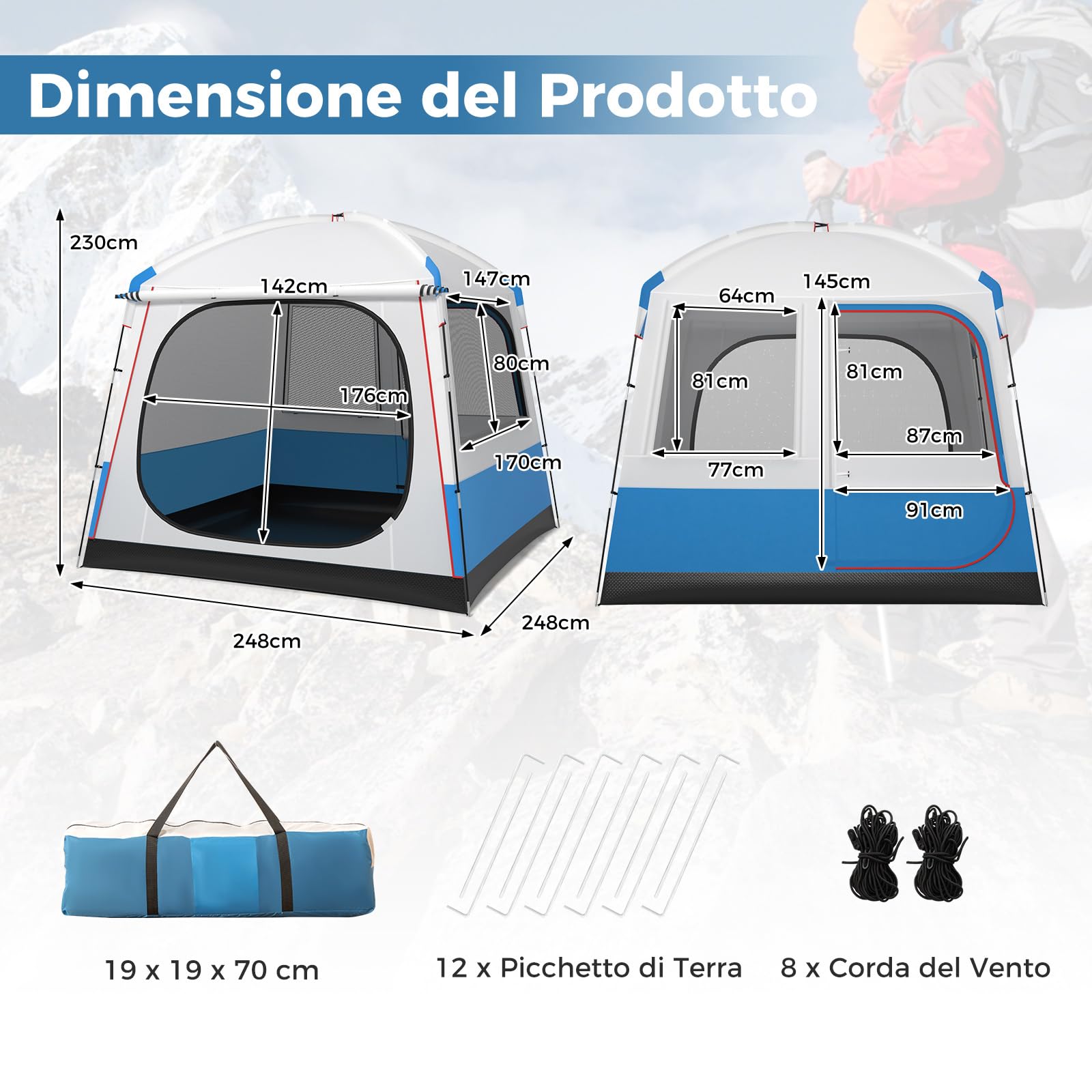COSTWAY Tenda Campeggio 3-5 Persone, Tenda Doppia Porta, Tenda Anti UV Impermeabile e Antivento, Facile da Montare, per 3 Stagioni, Spiaggia Campeggio Pesca, 248 x 248 x 230 cm