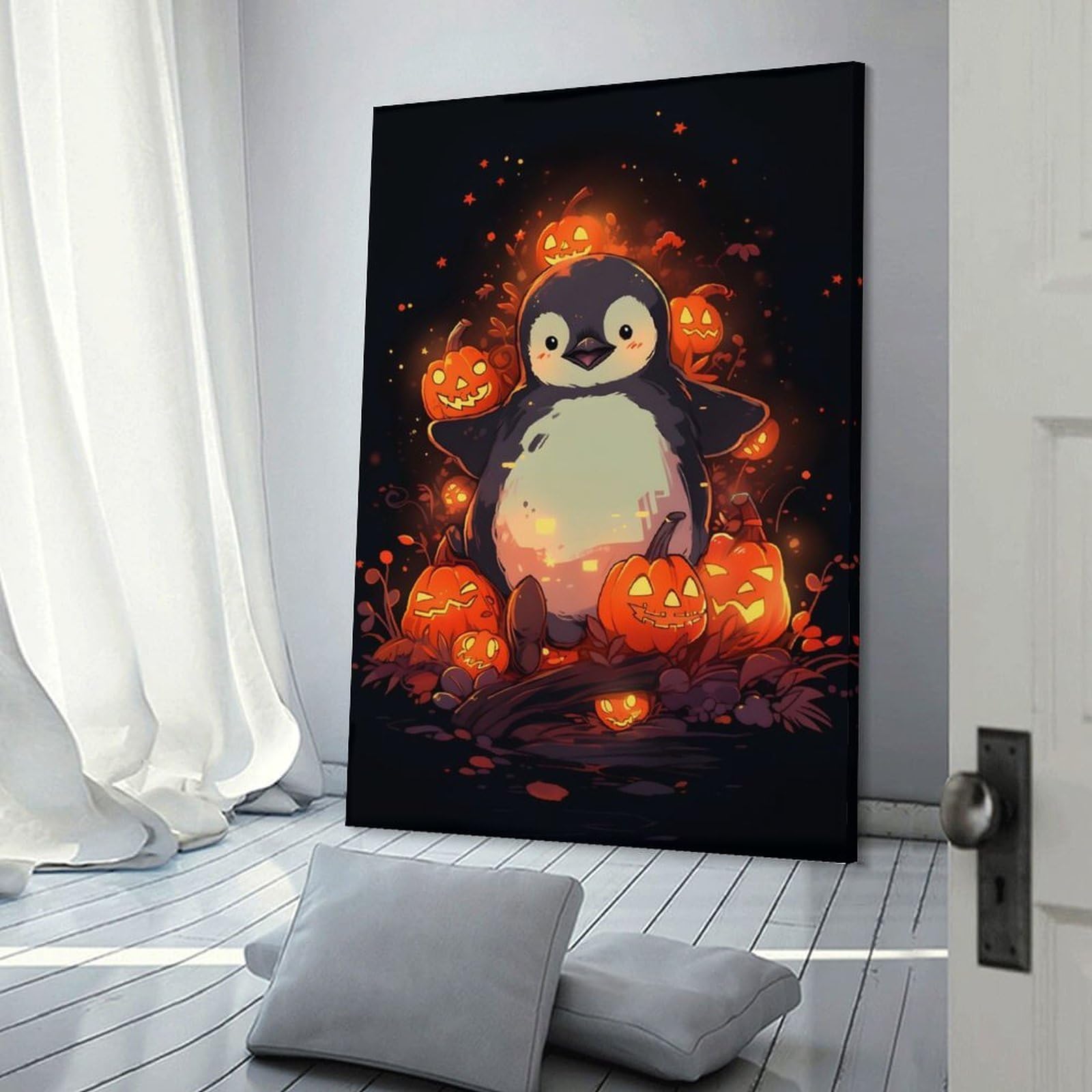 Junmoney Frame-Penguin In A Pumpkin Patch Penguin In A Pumpkin Patch Wall Picture Print, 12X18inch(30X45cm), For Workspace Walls, Study Corners Or Bedrooms, Wall Art That Adds Style To Work Areas