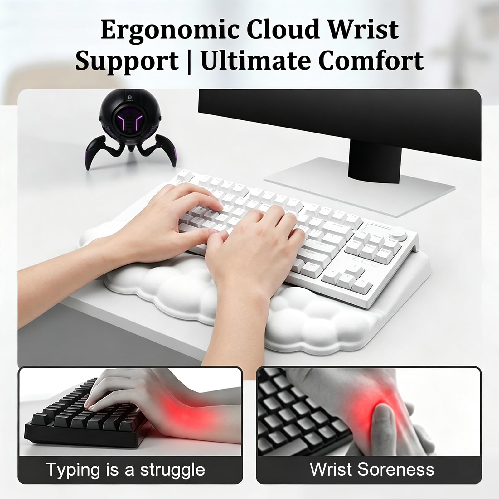 Cloud Tastatur-Handgelenkauflage mit abgeschrägtem Tastatur-Pad, ergonomisches 3-in-1-Mauspad mit Handgelenkstütze und Untersetzer, rutschfestes Schreibtischmatten-Set aus Memory-Schaum für
