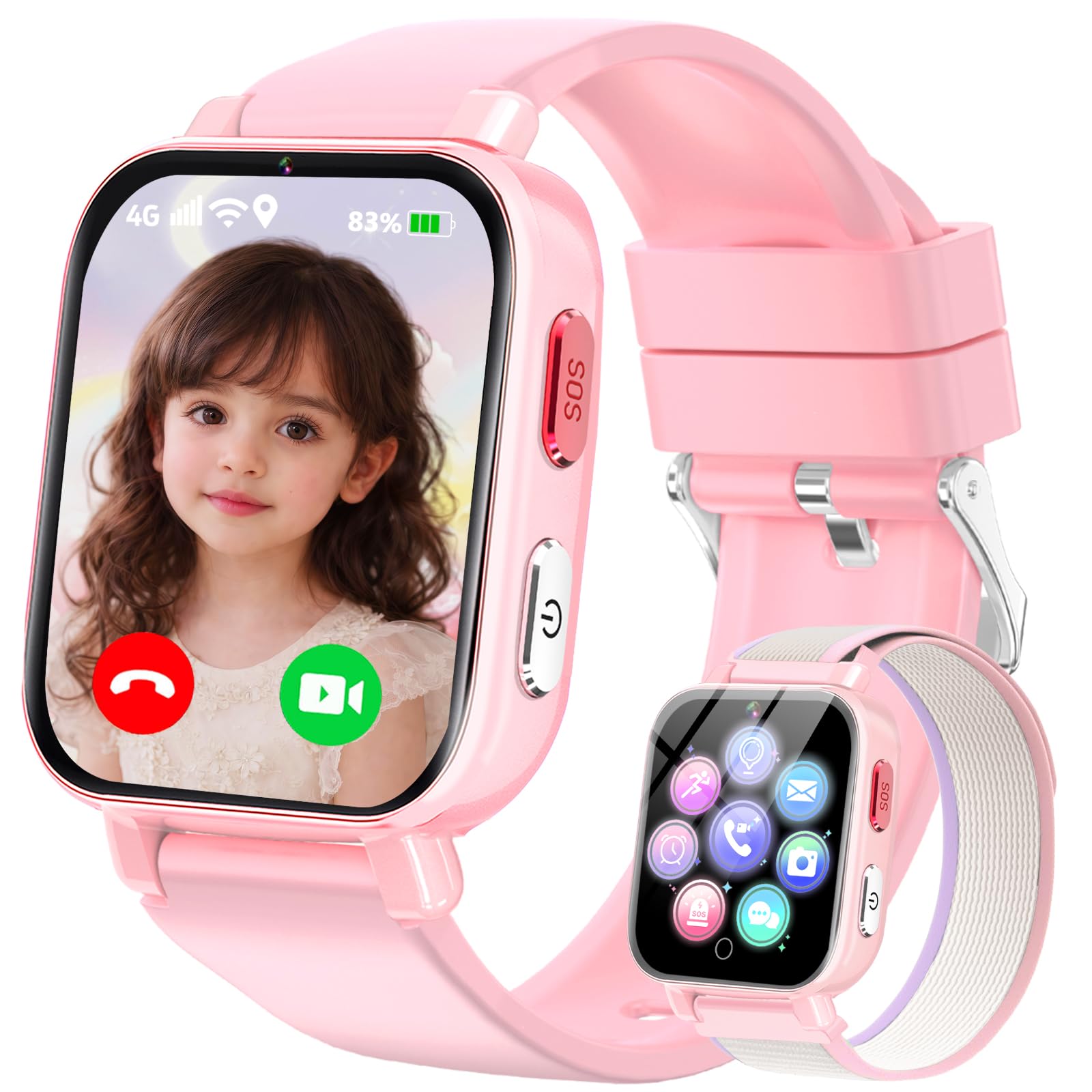 4G Smartwatch Kinder mit GPS und Telefon, Armbanduhr Junge Mädchen mit Video/Telefonanruf, SOS Notruf, Wecker, Schulmodus, Schrittzähler, Puzzlespiel, Kinderuhr für Geschenke 4-12 (4G Rosa)