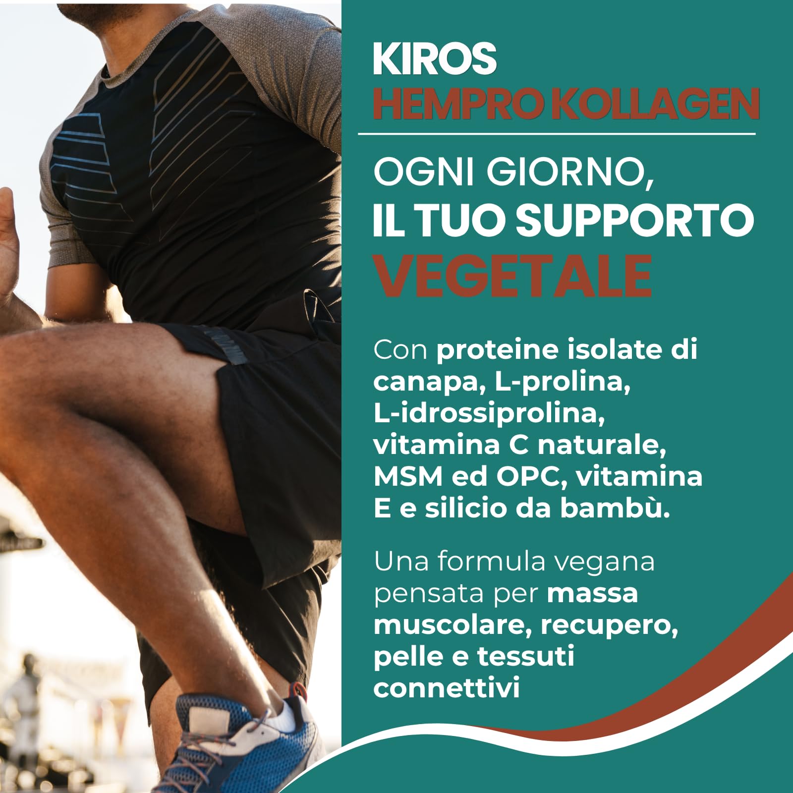 KIROS HEMPRO KOLLAGEN – Proteine Vegetali di Canapa - Gusto Cacao | Integratore con aggiunta di L-Prolina, L-Idrossiprolina, Vitamina C e MSM ed OPC – Vegan - 30 Bustine da 20g