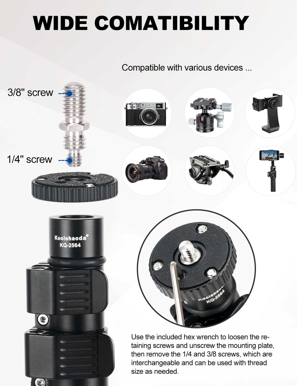 Koolehaoda Stativ Verlängerungsstange aus Kohlefaser, 3-Teilige Mittelsäule Verlängerung-Teleskopstange mit 1/4"- bis 3/8"-Schraube kompatibel mit Kameras/Stativen/Kugelköpfen/Gimbals
