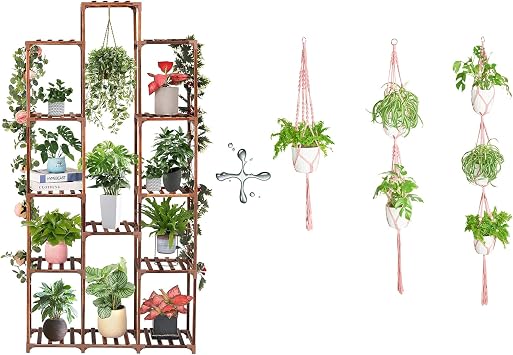 FLOWER Plant Stand Indoor Outdoor 13 Tiers Wood Plant Shelf+ 3 Pack Macrame Plant Hanger Indoor Set with Hooks Pink