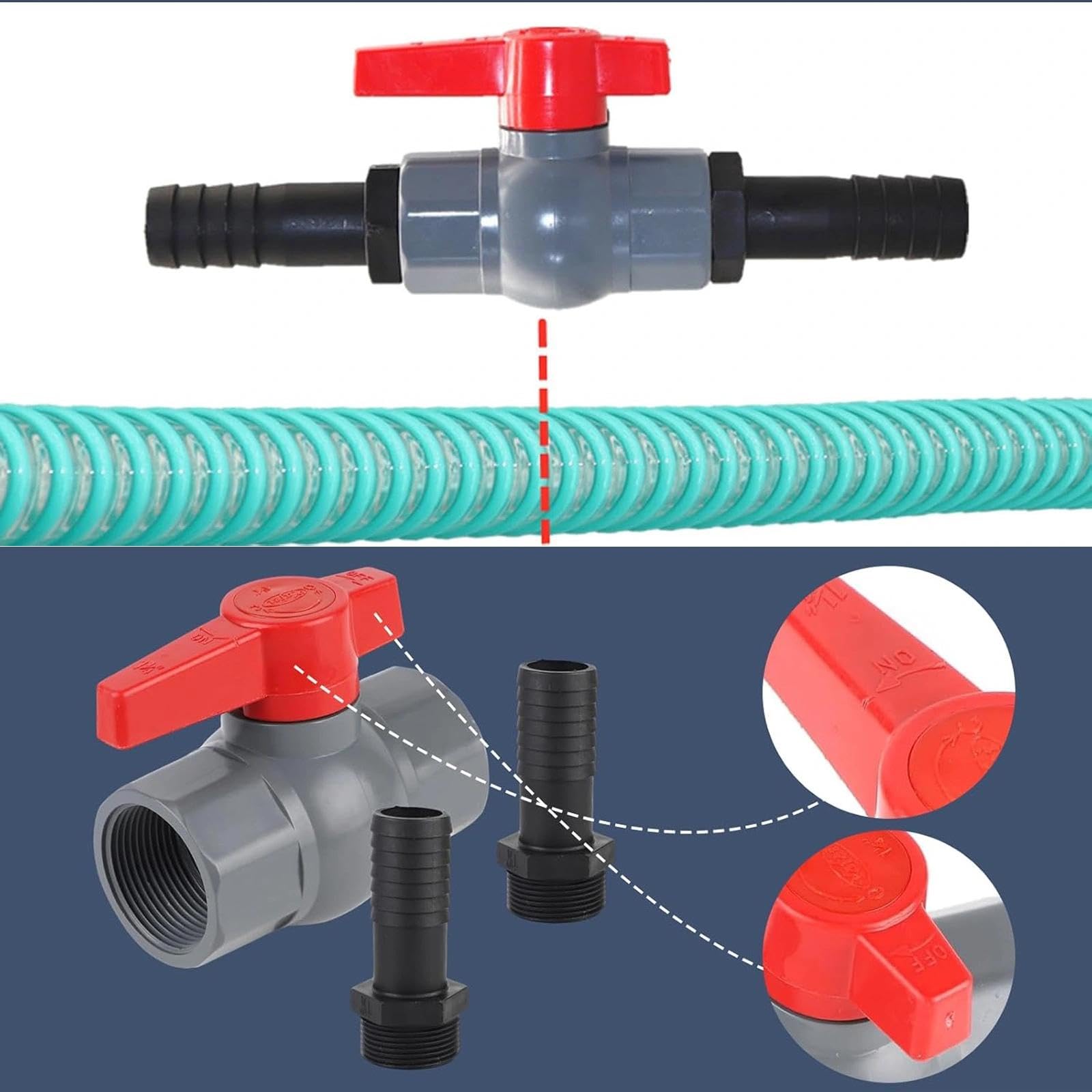 Zawór kulowy z przyłączem węży basenowych 1 1/4 (40mm) GW wewnętrzny + końcówki na wąż 32mm | Zawór odcinający do basenu, PVC, do nawadniania i instalacji wodnych