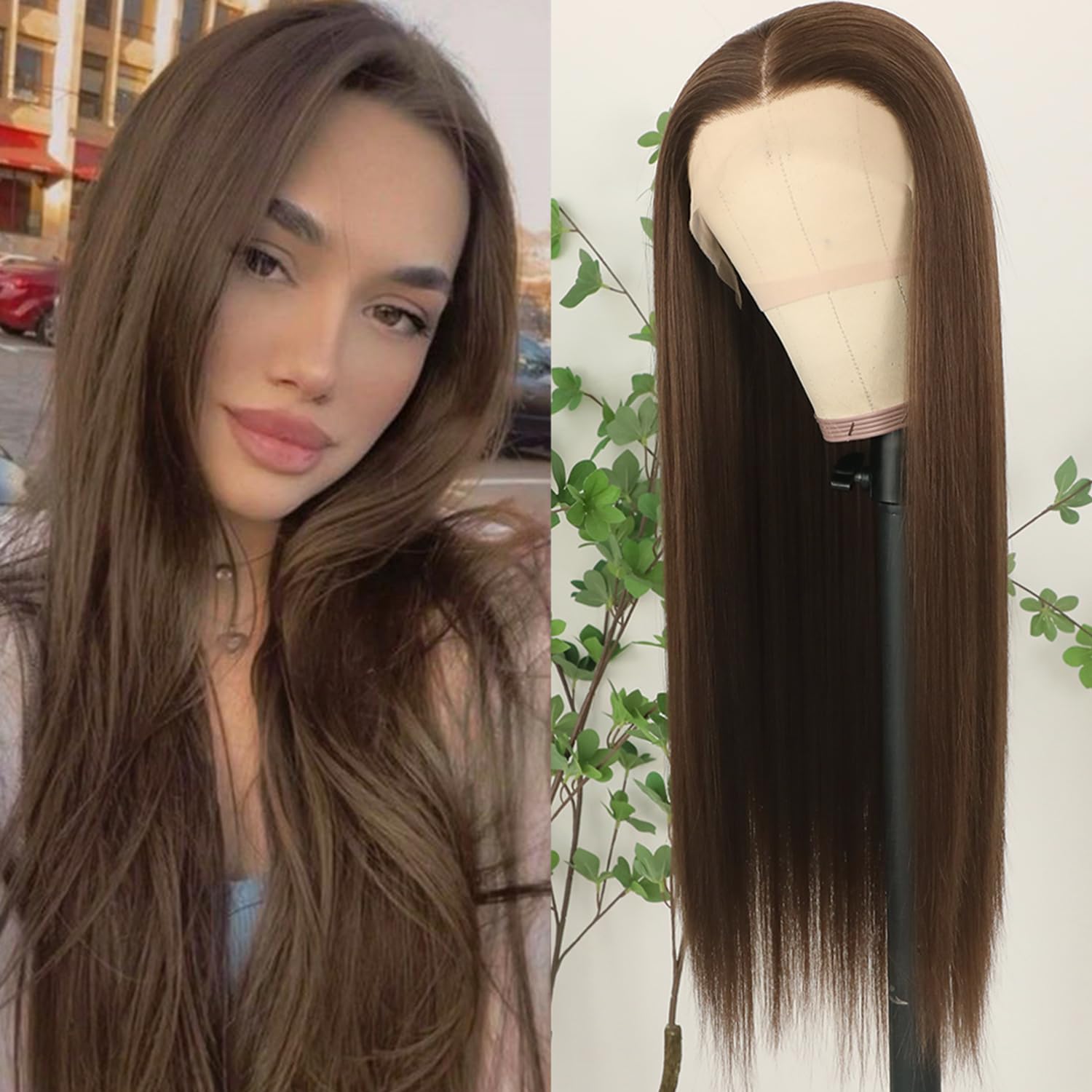 Lezaxiu Brown Lace Front Wig Pre Plucked Ready to Wear Wigs Glueless Auburn Brown Wigs Long Straight Hair Wig Heat Resistant Synthetic Lace Front Wigs for Fashion Women Natural Hairline