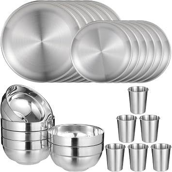 24 PCS Stainless Steel Dinnerware Set, Includes 12PCS 6.7 & 10.2 in Plates, 6 Pieces Bowls and 6 Pieces Cups, 304 Reusable Camping Mess Kits for Home Kitchen, Dorm and Outdoor Picnic Silver