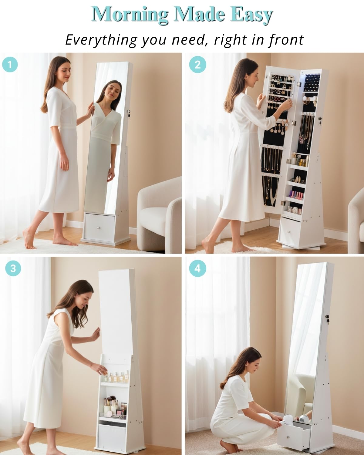 LUXFURNI 360° drehbarer Schmuckschrank mit Spiegel, 157cm Höhe Schmuckschrank Stehend, Standspiegel Mit Stauraum, 1 tiefe Schublade, Abschließbarer Spiegel Schrank, Weiß