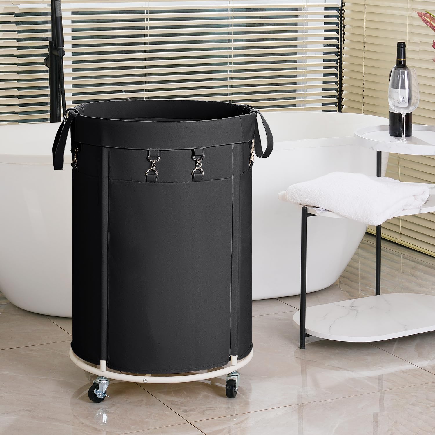 150L Cesto de Ropa Sucia con Ruedas, Cesto Redondo con Marco de Metal y Bolsa de Oxford Impermeable, Rueda Silenciosa con Freno, Cesta de Lavandería para Dormitorio, Baño, Lavadero, Negro