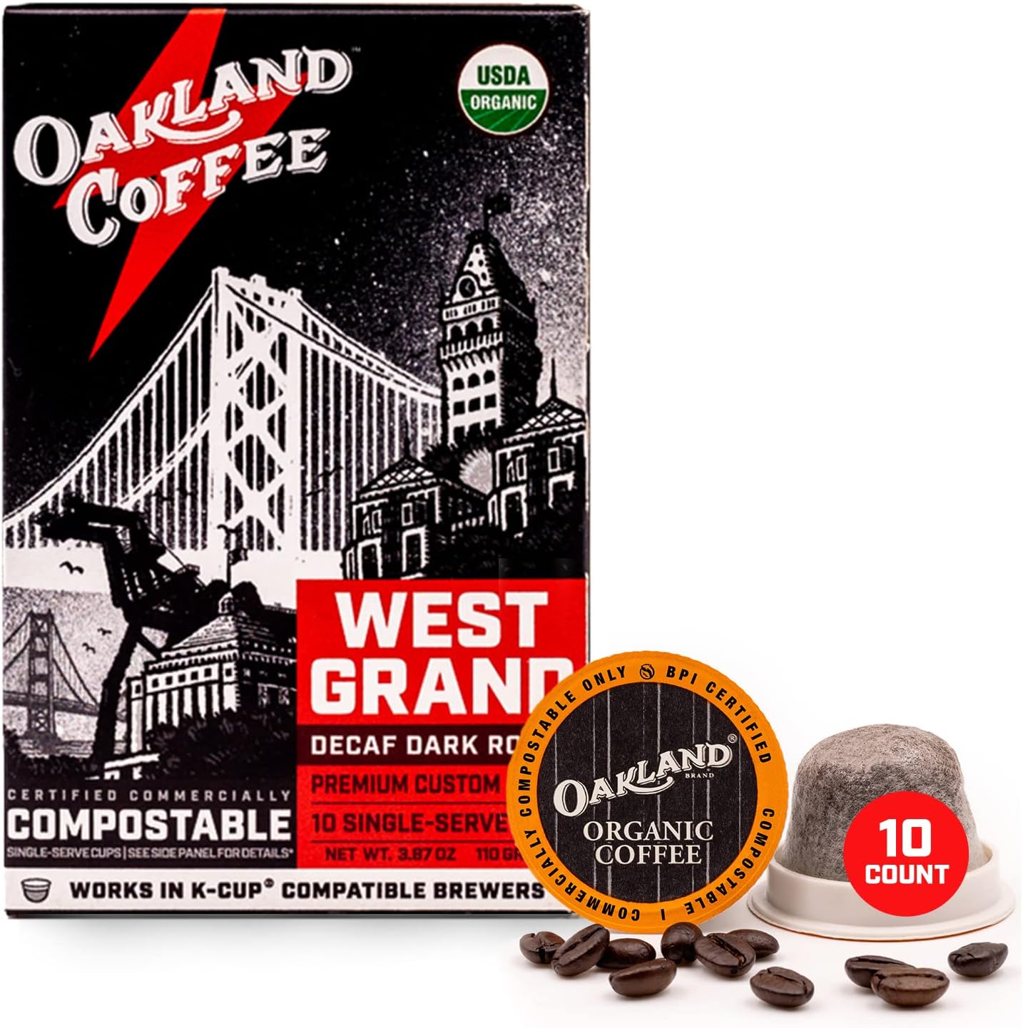Oakland Coffee West Grand - 10 Count Organic Decaf Coffee Pods, Premium, Never Bitter, Slow Roasted, Smooth, Strong & Bold Flavor, Single Serve Individual Compostable Coffee Pods