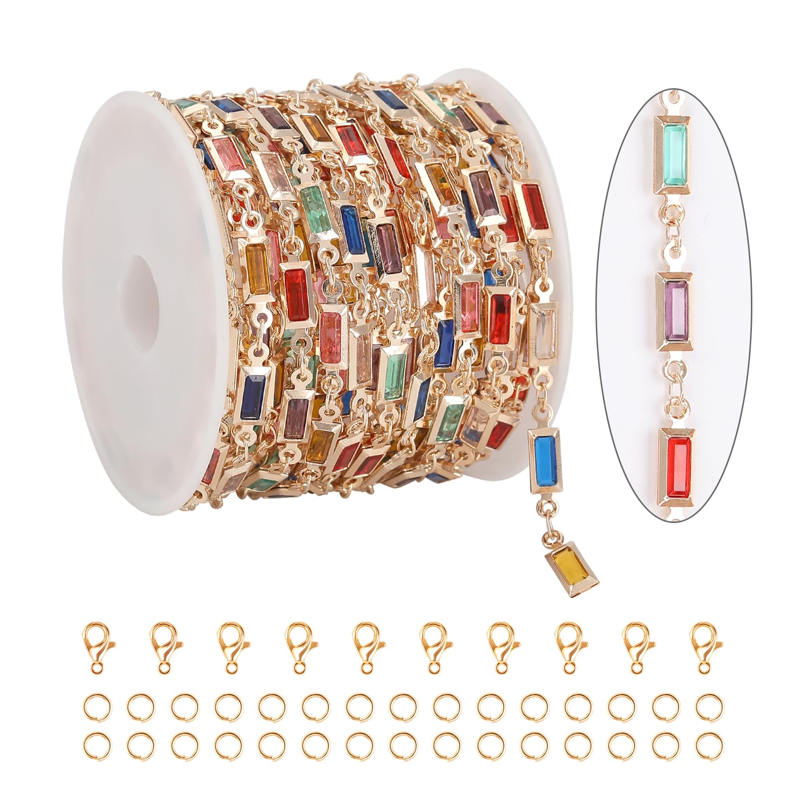 KYUNHOO 13 Feet Mix Colored Rectangular Rhinestone Chain Spool Paperclip Chain Links Gold Plated Chains for Jewelry Making Brass Chain Bulk with Jump Rings and Lobster Clasps