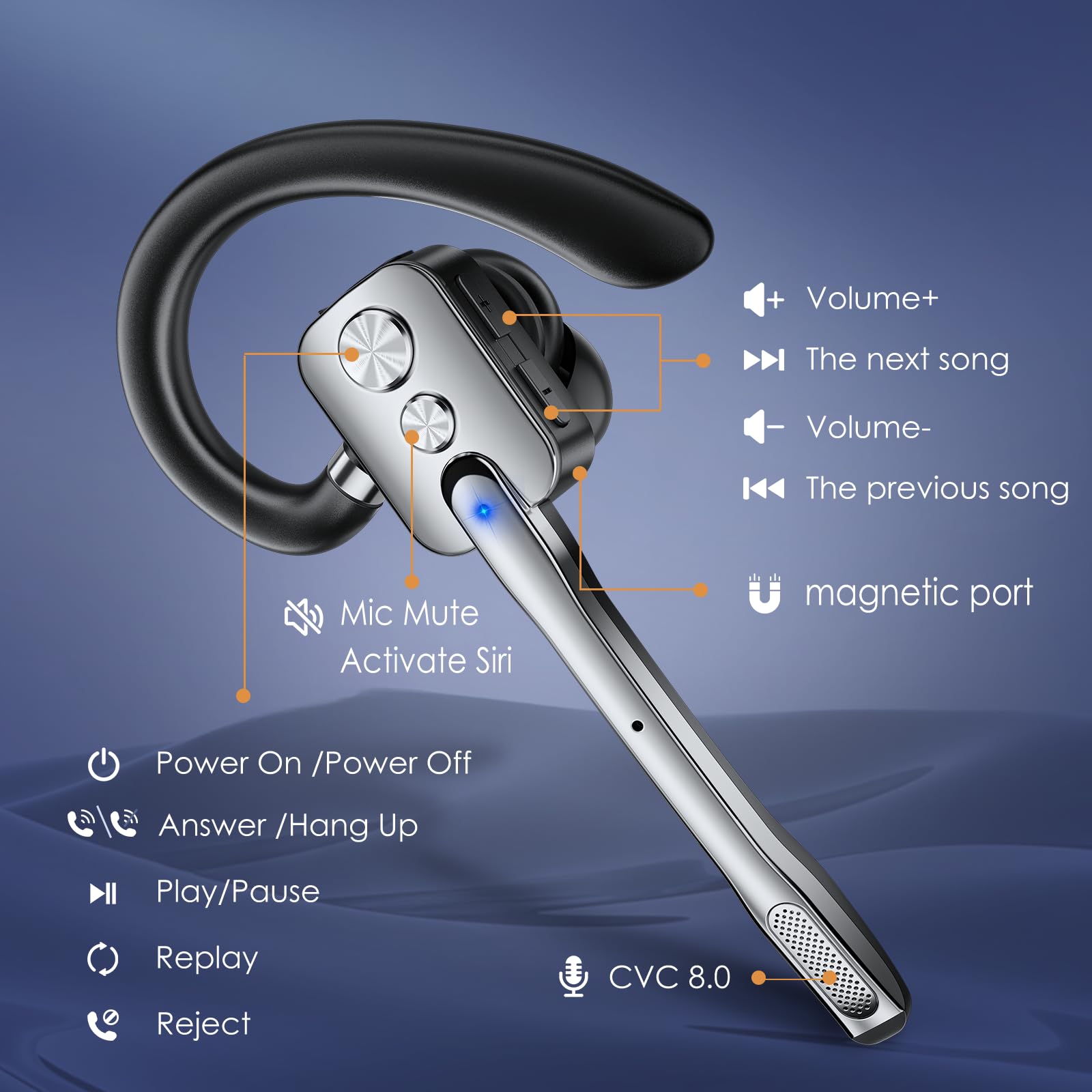 Bluetooth Headset V5.3 Wireless Freisprech Headset mit Dual Mic & Mute Funktion, 24h Spielzeit In Ear Kopfhörer für iOS Android