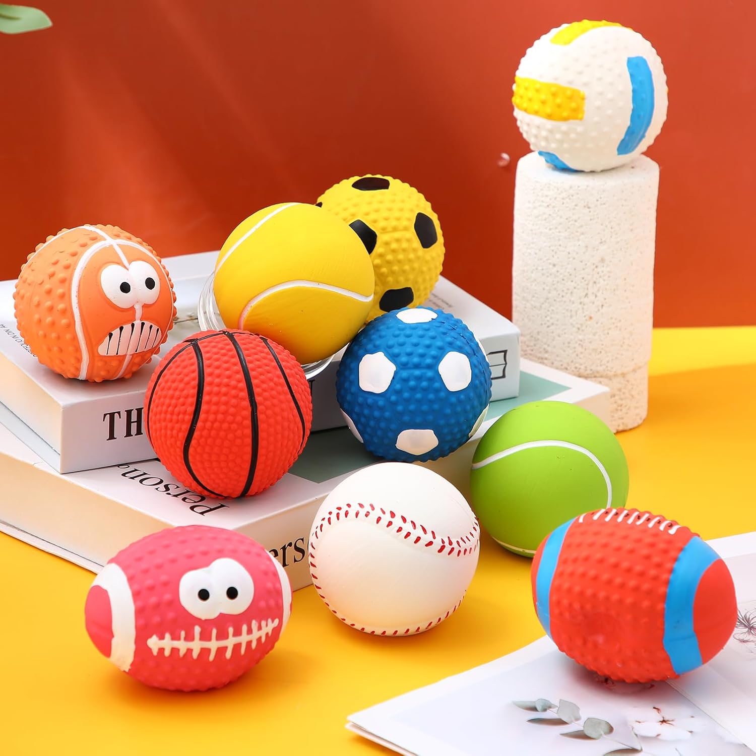 Gemscream 10 Pack 2. 4" Squeak Latex Puppy Dog Toy Ball Sports Balls Sets Interactive Rubber Squeak Dog Toys Rubber Soccer Volleyball Toy for Small Medium Puppy Dogs Chew Toys