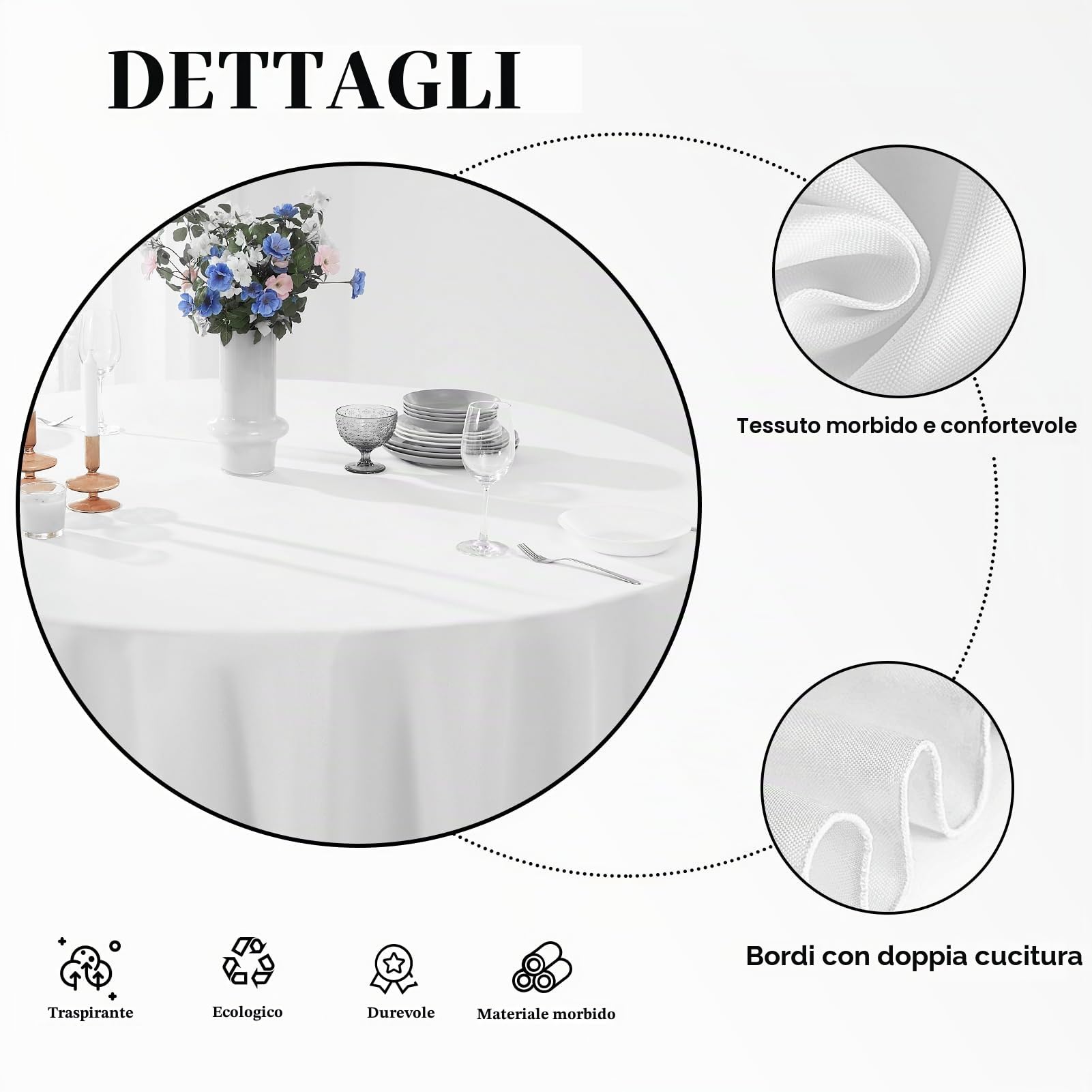 Confezione da 8 tovaglie rotonde bianche da 332 cm per tavoli da pranzo | Tovaglia lavabile, decorativa, in lino, poliestere, per banchetti, buffet, feste, matrimoni