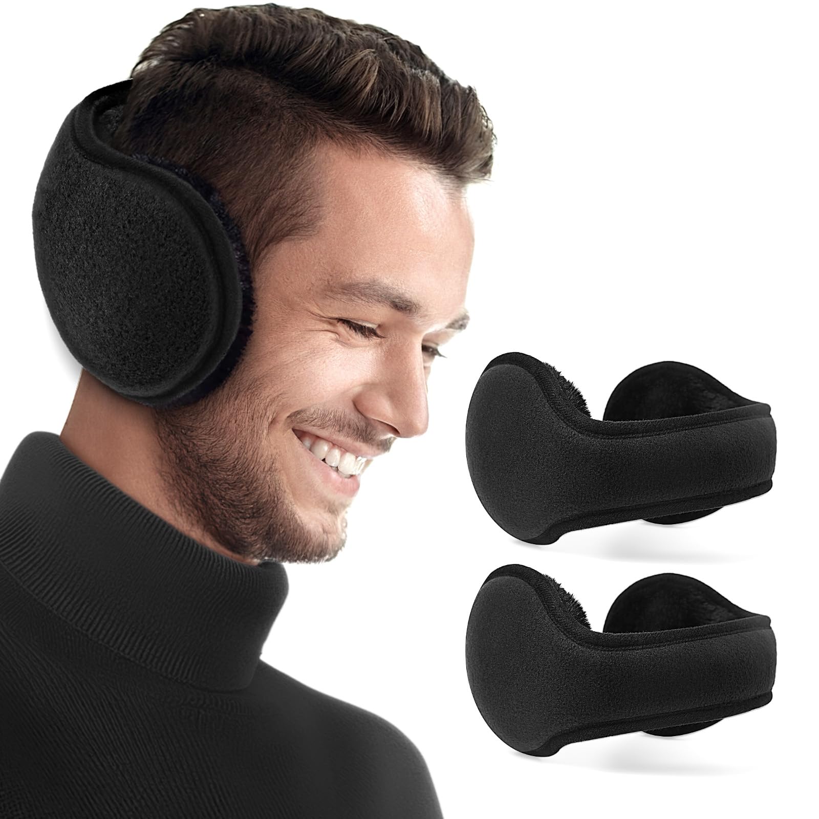 AURUZA Ear Muffs Winter Women Men Unisex, Adjustable Soft Warm Ear Warmers for Women, Foldable Black Earmuffs for Ear Covers