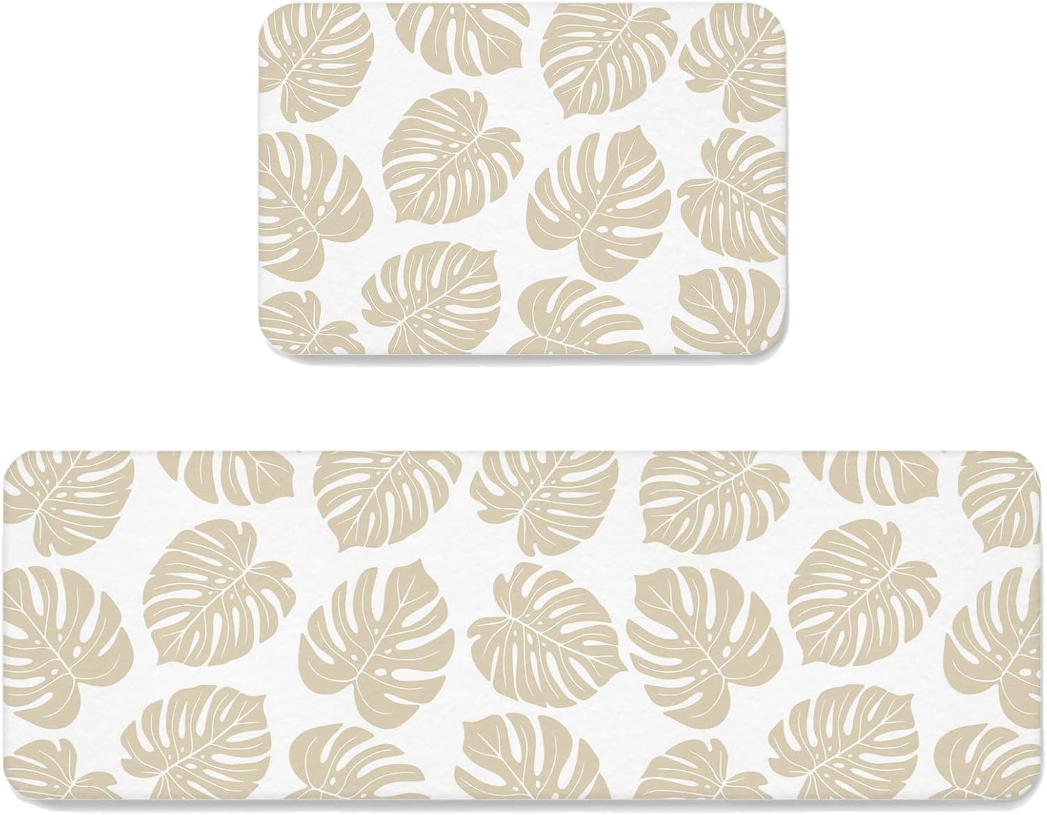 Beige Monstera Leaf Kitchen Mats Set of 2 Tropical Botanical Minimalist Modern Summer Non Slip Mat Washable Floor Rug for Kitchen Sink Floor Laundry, 15.7"x23.6"+15.7"x47.2"