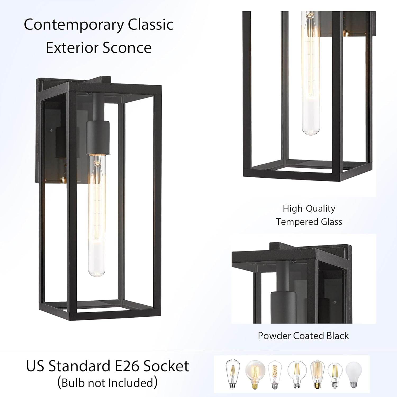 Bestshared Outdoor Wall Lantern, Anti-Rust Exterior Wall Sconce Light Fixtures, Front Door Mount Light, Outdoor Lighting Fixture, Black Wall Lamp with Clear Glass (Black, 2 Pack)