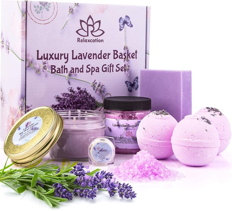 Conjunto para banho e corpo com fragrância de lavanda Relaxcation, 3 bombas de banho, sabonete, esfoliante de açúcar, sais de banho, vela e cera aromática
