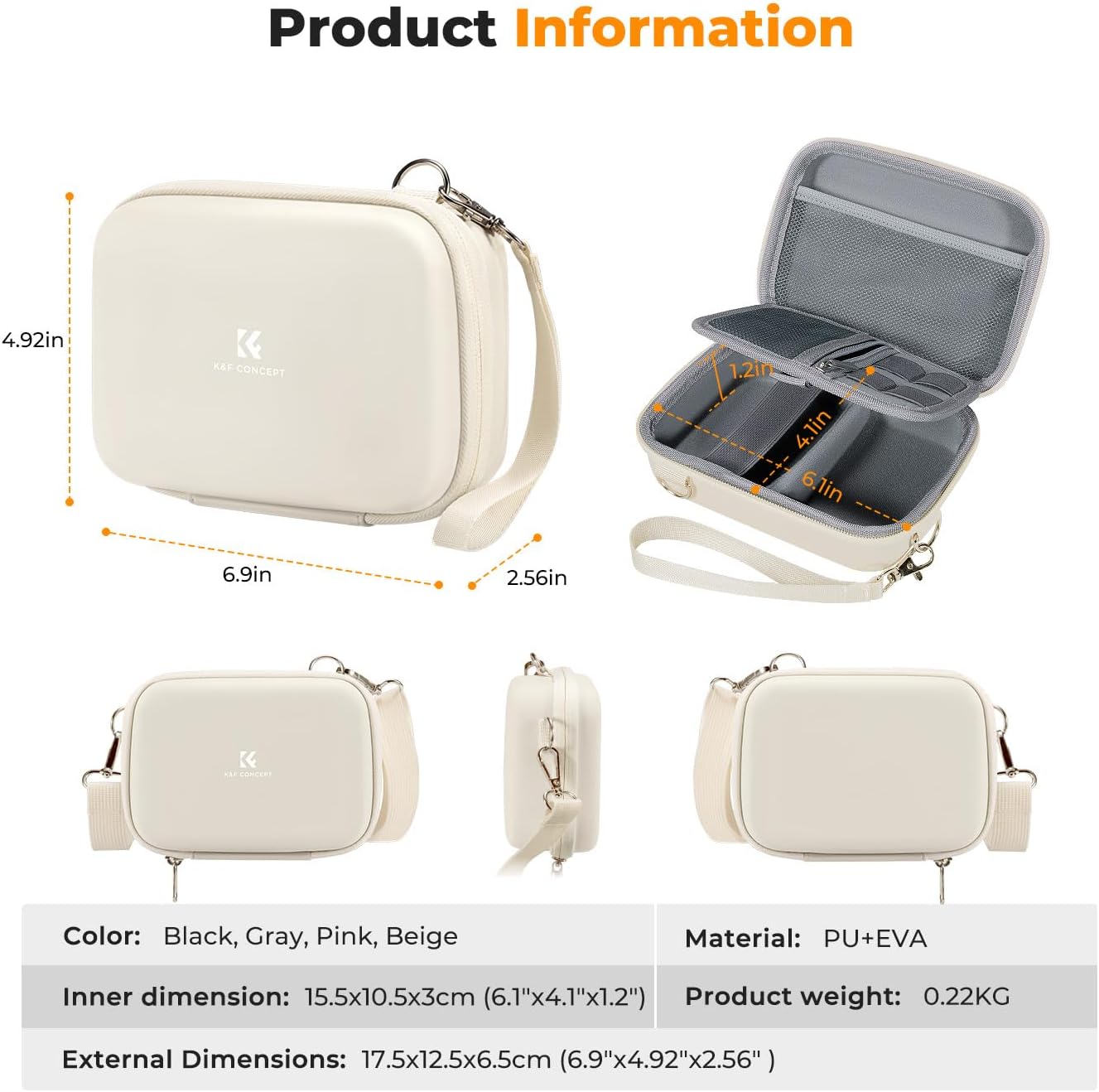 K&F CONCEPT Digital Small Camera Case, Compact Waterproof Small Camera Bag, Lightweight Camera Sling Bag for CCD/Sony DSCW800/DSCW830/Canon PowerShot - Beige - Image 5