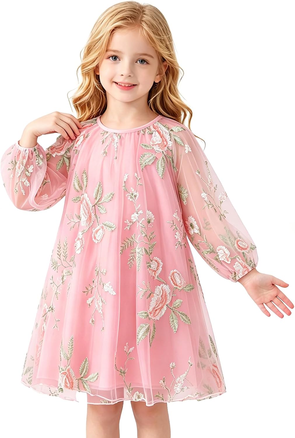Girls Dress Long Sleeve Tulle Floral Embroidery