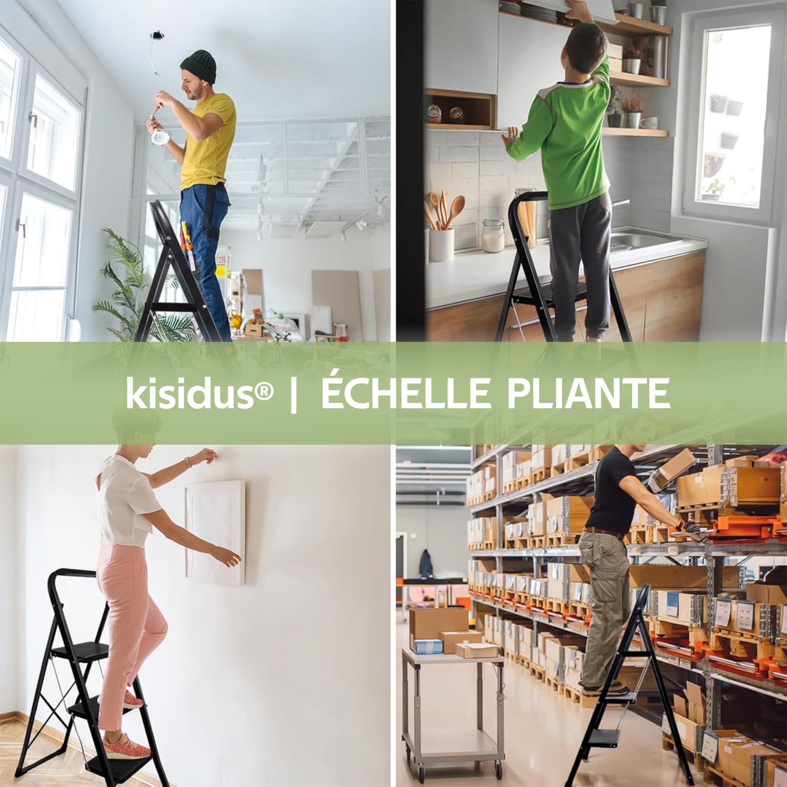 Échelle Pliable 3 Marches Escabeau Pliante Antidérapante, Noir | Capacité Max 150kg, Acier Robuste, Intérieur Extérieur, Escabeaux 3-Level