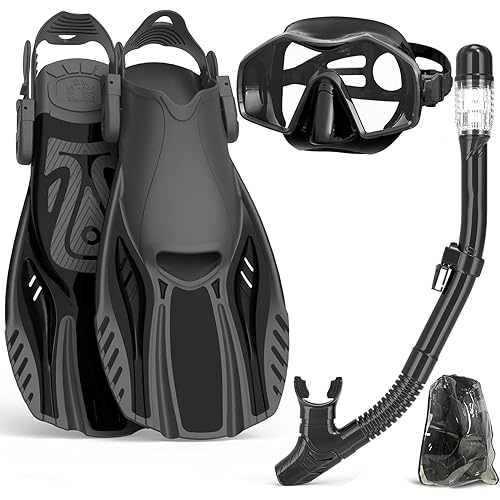 Snorkeling Gear for Adults,Mask Fins Snorkel Set,Panoramic View Diving Mask Anti-Fog,Dry Snorkel,Adjustable Swim Flippers and Travel Bag,Adults Snorkel Gear for Swimming Snorkeling Diving