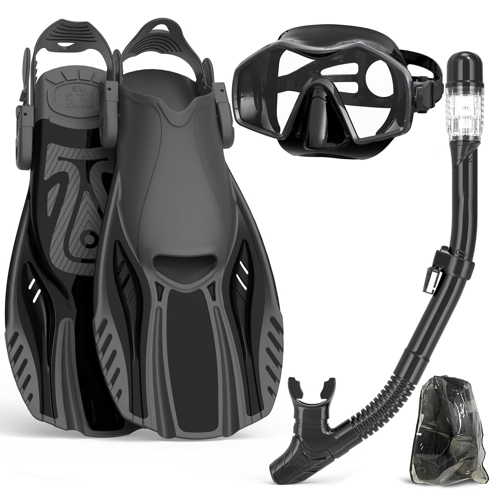 Keephigher Snorkeling Gear for Adults,Mask Fins Snorkel Set,Panoramic View Diving Mask Anti-Fog,Dry Snorkel,Adjustable Swim Flippers and Travel Bag,
