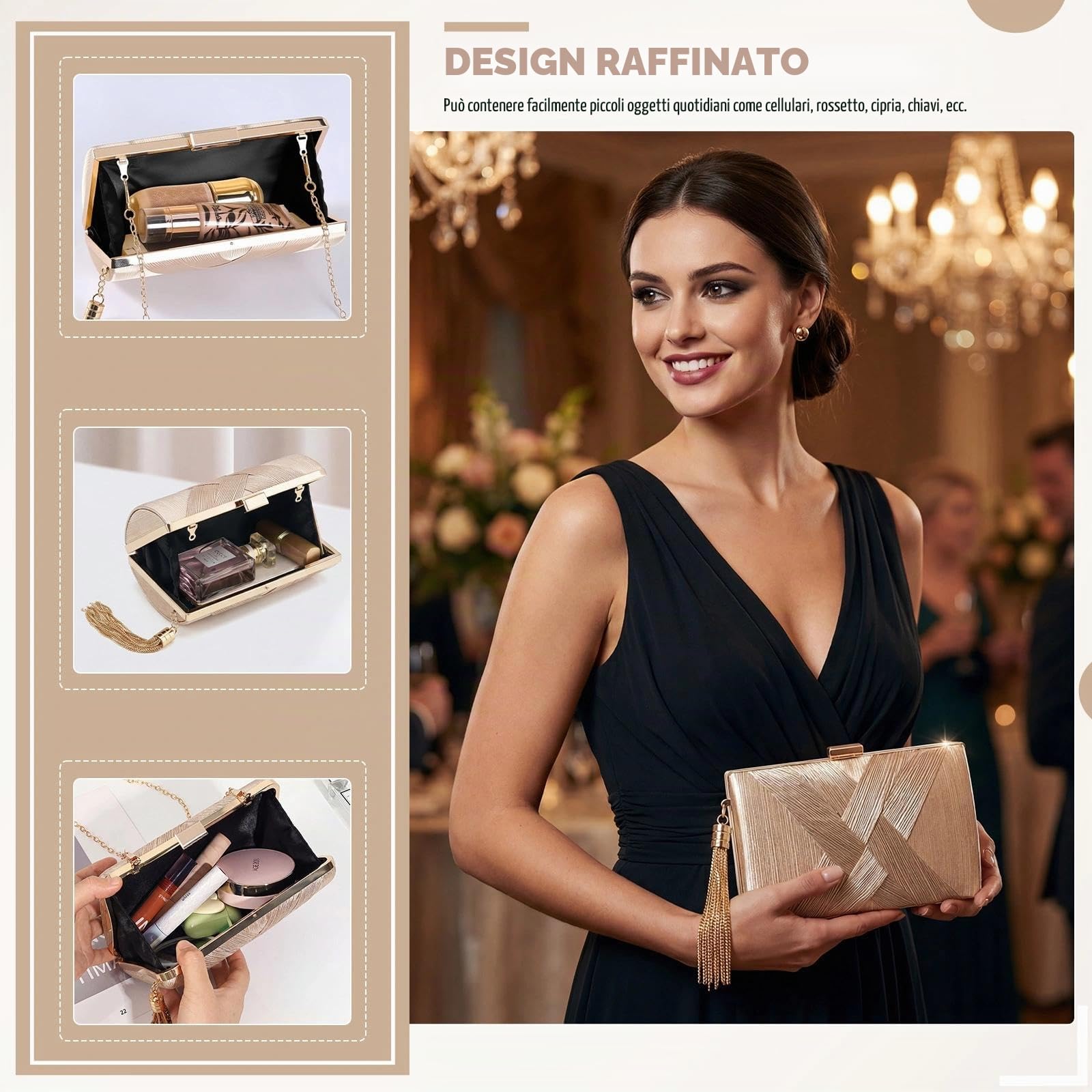 Pochette Oro da Sera Clutch Donna Pochette Dorata Cerimonia con 2 Catena, Elegante Borsa da Sera con Nappa da sposa Borsa Tracolla Piccola Borsetta per Feste di Matrimonio (Champagne)